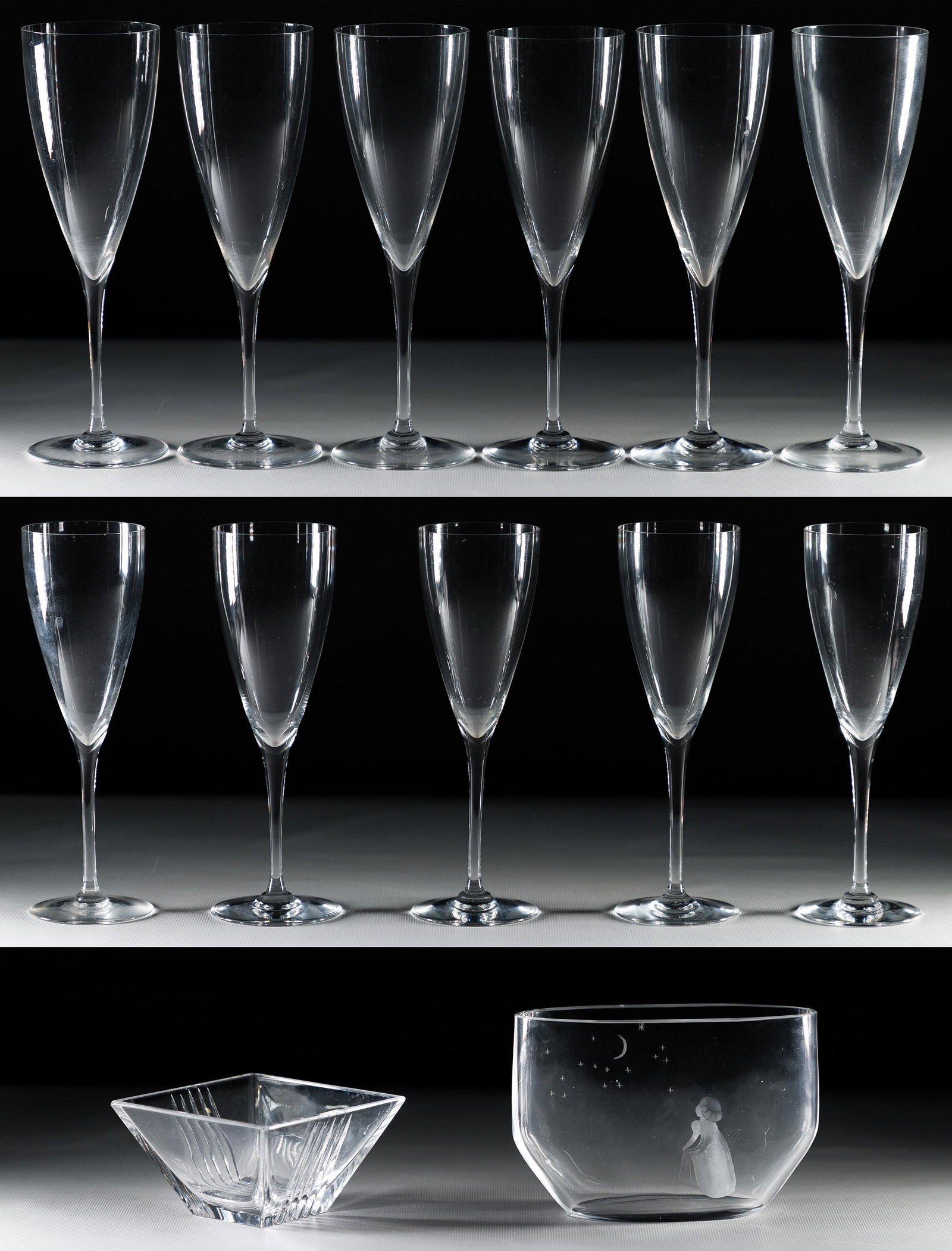 Baccarat Crystal 'Dom Perignon' Stemware Assortment: Baccarat Crystal 'Dom Perignon' Stemware Assortment (11) items including (6) water goblets and (5) claret wine, all having maker stamp on underside; together with a Tiffany & Co cut glass square bowl