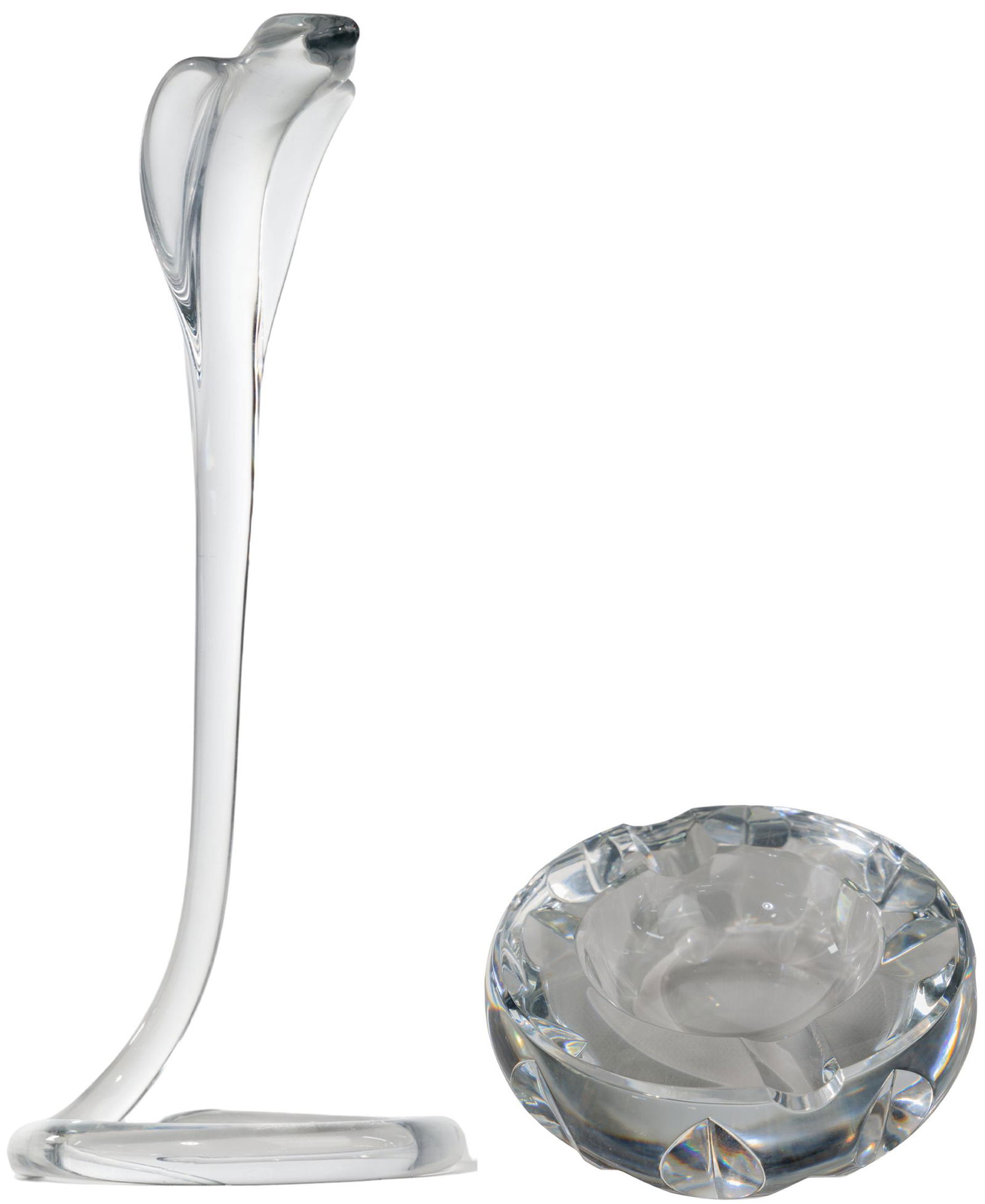 Daum Cobra and Baccarat Crystal Ashtray: Daum Cobra and Baccarat Crystal Ashtray (2) items including a cobra figurine, etch signed on lower front of tail; and a round ashtray having a molded, modernist leaf design, maker stamp on underside H