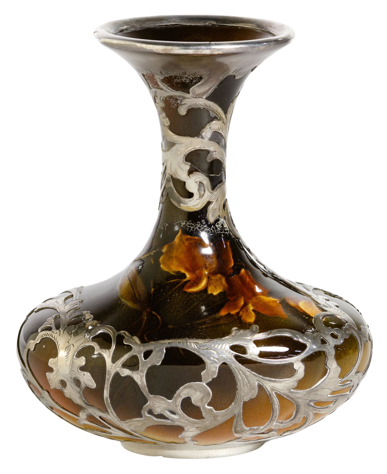 Rookwood Pottery Vase with Gorham Sterling Silver: Rookwood Pottery Vase with Gorham Sterling Silver Overlay 1894, having a standard glaze and floral design; ovoid bottom with long tapered neck entwined in silver vines; maker mark on underside, marked