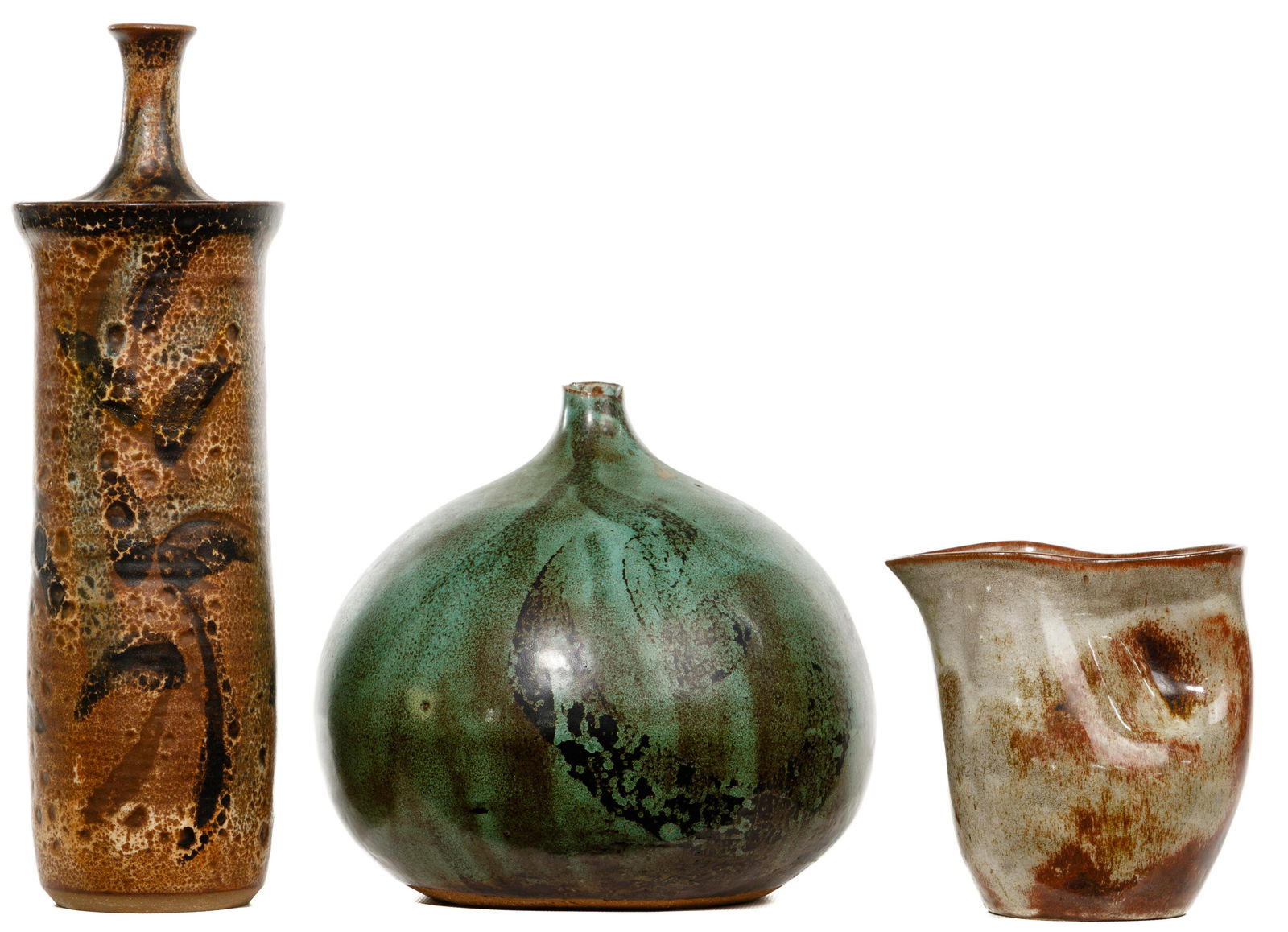 Eugene Deutch, Edna Arnow and Abe Cohn Pottery: Eugene Deutch, Edna Arnow and Abe Cohn Pottery (3) items including 1944 Deutch free-form pitcher having tones of brown and warm grey with high gloss finish; Arnow onion shaped vase having a primarily