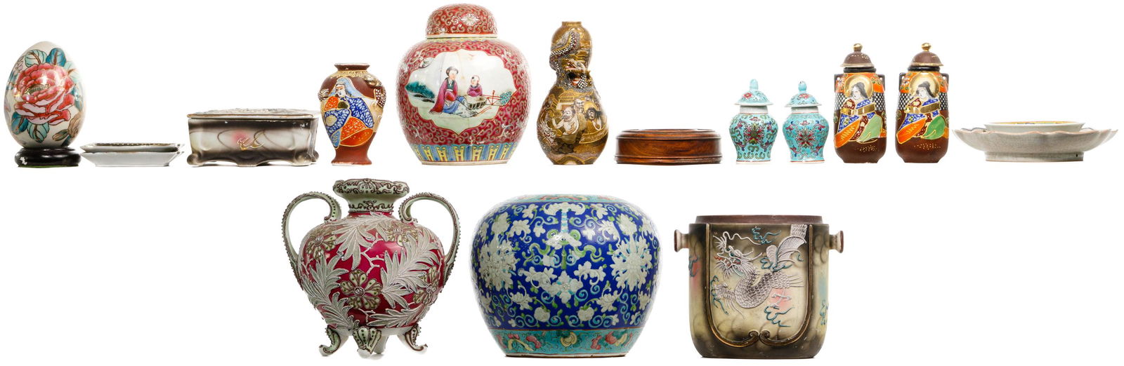 Asian Porcelain and Ceramic Object Assortment: Asian Porcelain and Ceramic Object Assortment (14) hand painted items including vases, jars, plates, a box and an egg, all of Japanese or Chinese origin including style examples of Kutani, Satsuma, ov