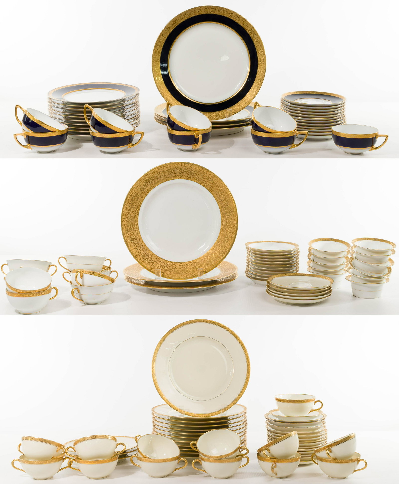 Gold Rimmed China Service Assortment: Gold Rimmed China Service Assortment (115) items with blue / gold band Limoges and Tiffany & Co including (4) dinner plates, (10) lunch plates; blue / gold band Bavaria Pickard including (9) teacups a