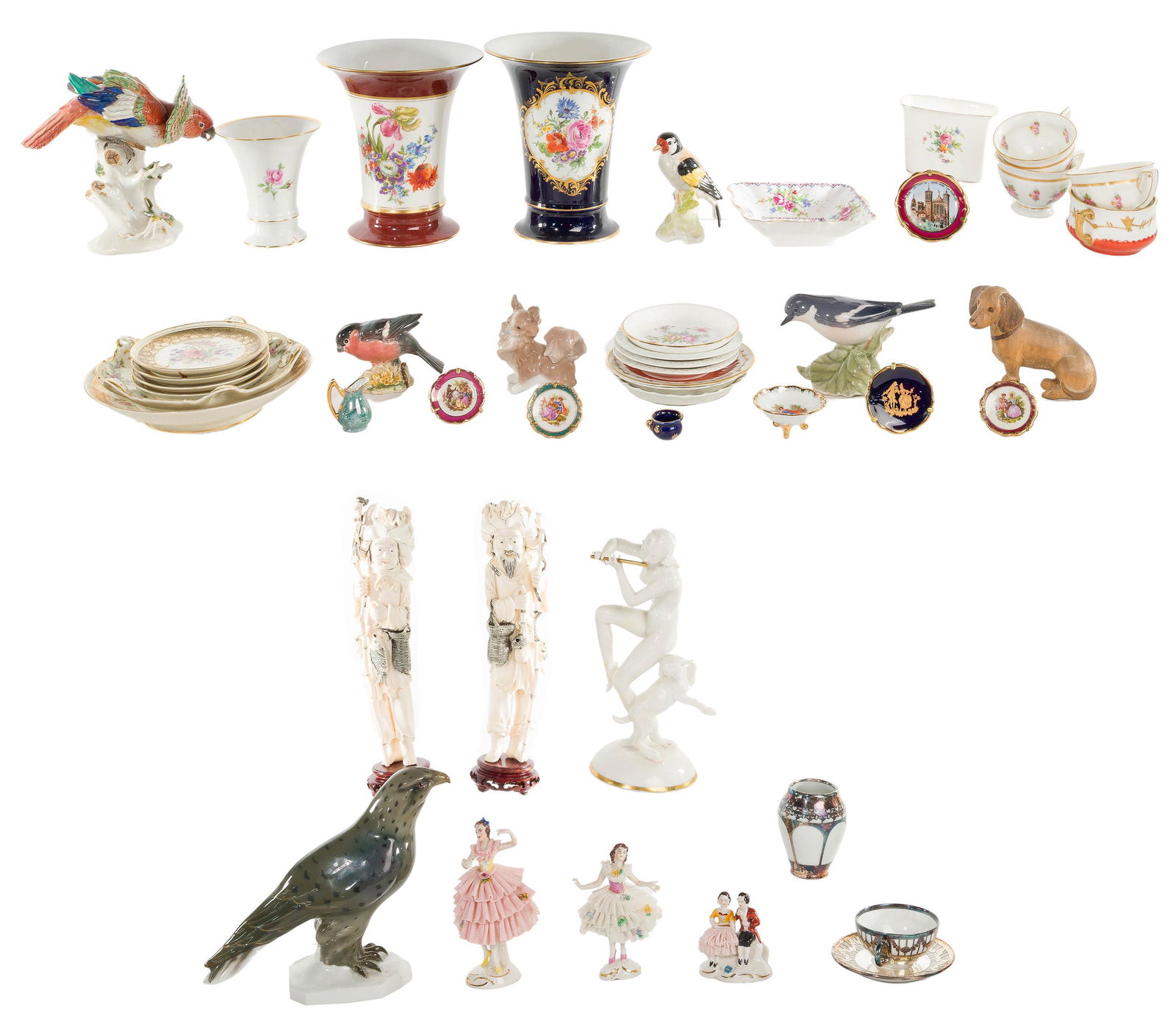 Porcelain and China Figurine and Plate Assortment: Porcelain and China Figurine and Plate Assortment Over (40) items including Art Deco white porcelain dancing female flautist and prancing goat designed by Carl Werner for Hutchenreuther, Germany with