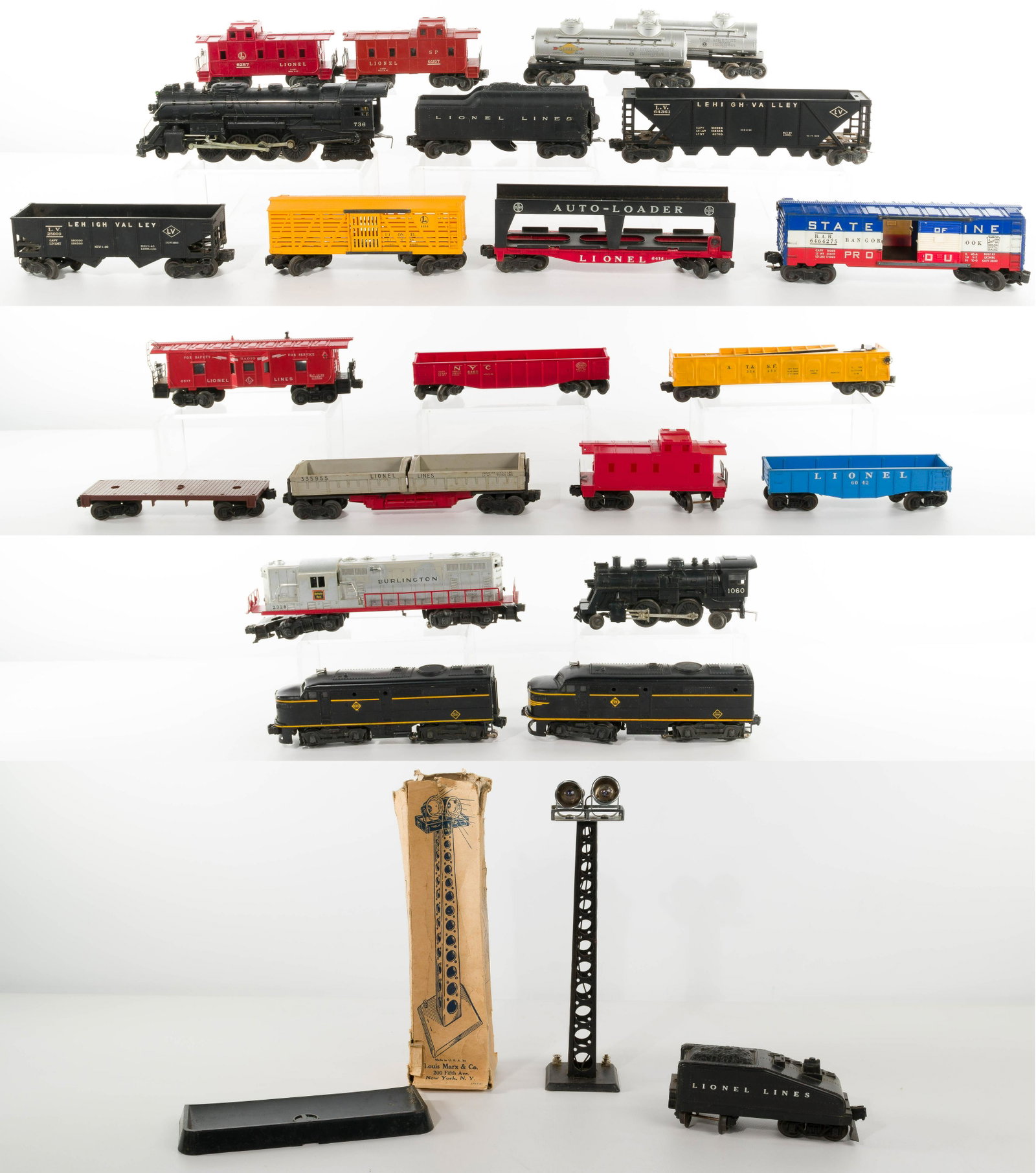 Lionel 'O' Gauge Model Train Assortment: Lionel 'O' Gauge Model Train Assortment (24) items including #736 Berkshire engine without box and #2046W tender with whistle with box; (2) #6357 cabooses, (2) #6465 tank cars, #6456 hopper car, #6656