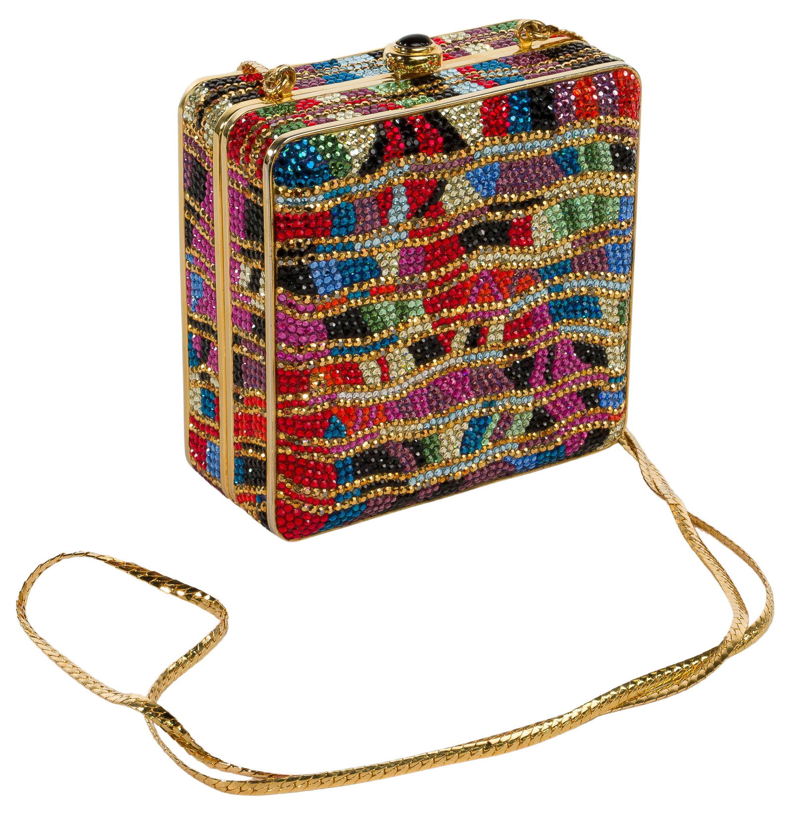 Judith Leiber and Swarovski Crystal Minaudiere: Judith Leiber and Swarovski Crystal Minaudiere Box form that can become a shoulder bag with a 20-inch chain, having a multi-color crystal exterior in an abstract design, gold-tone hardware trim, a top