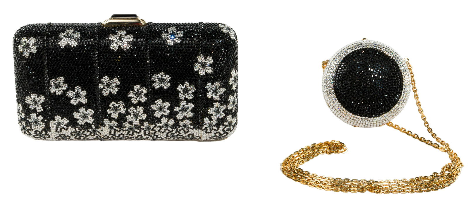 Judith Leiber and Swarovski Crystal Minaudiere: Judith Leiber and Swarovski Crystal Minaudiere Assortment (2) small clutch handbags in black and white with brass trim, having cloth storage bags Length: 7 1/4 inches, Width: 4 1/4 inches, Depth: 3/4