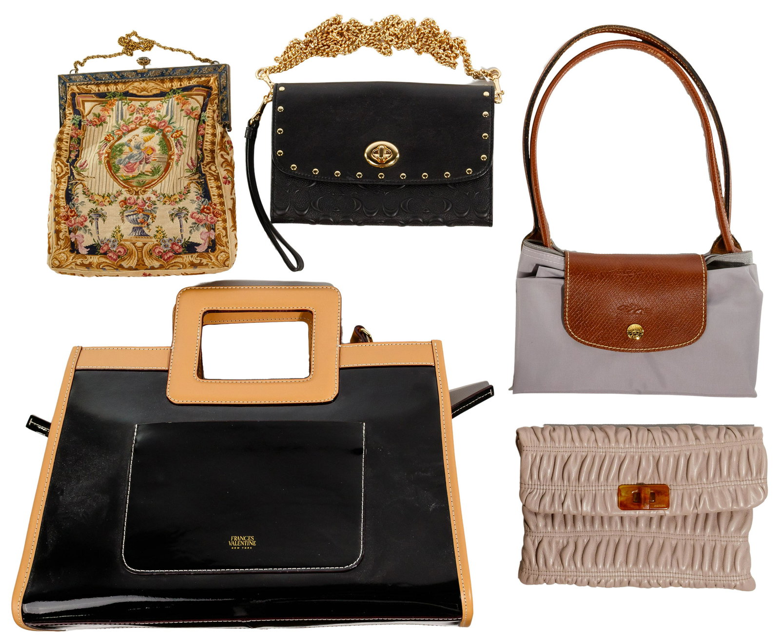 Prada and Handbag Assortment: Prada and Handbag Assortment (5) items including Prada Napa Gaufre clutch of pomice gray leather having marked faux tortoise closure, accompanied by #1N1651 certification card in marked envelope; Fran