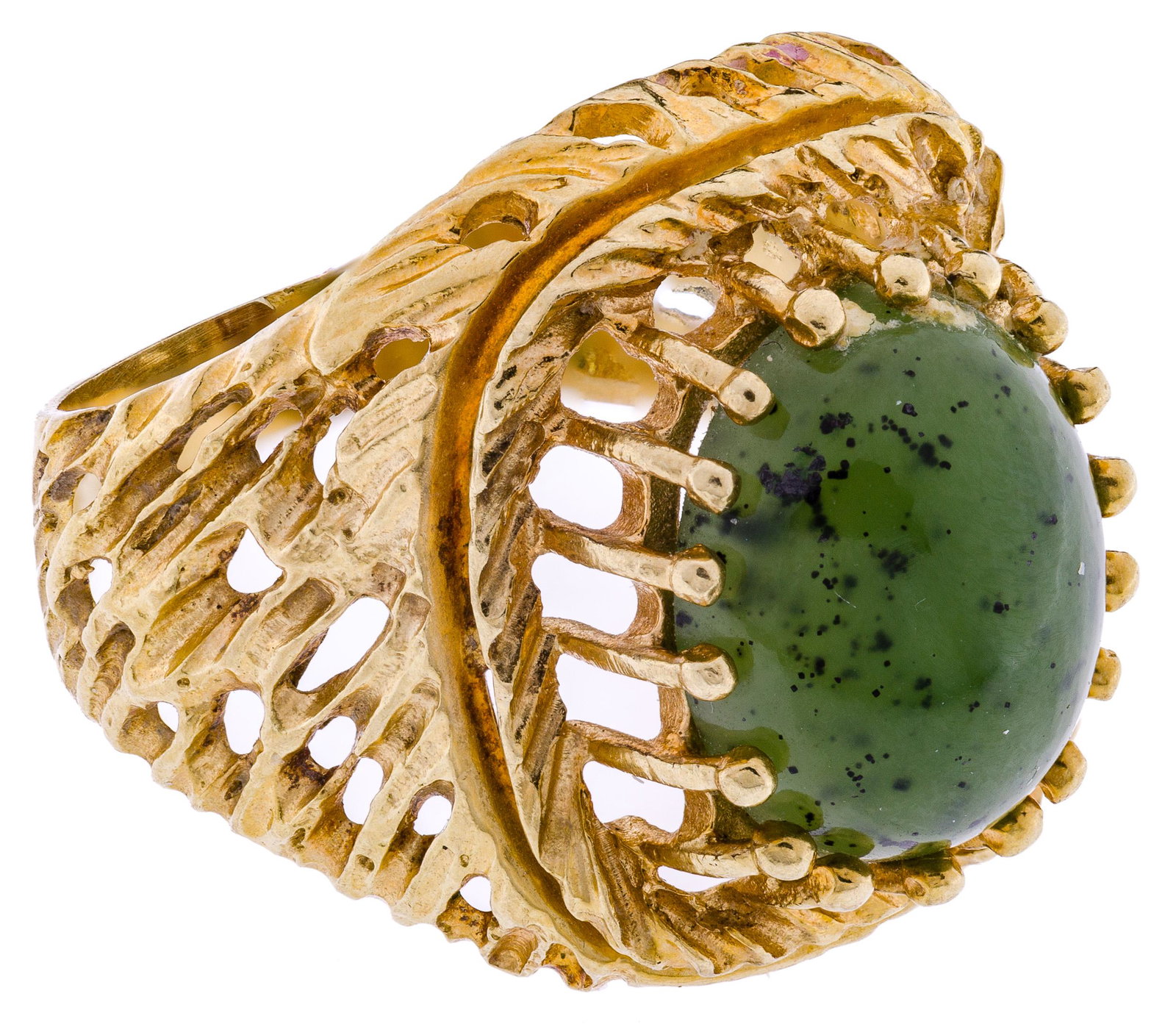 18k Yellow Gold and Jadeite Jade Ring: 18k Yellow Gold and Jadeite Jade Ring Having an oval cut cabochon jadeite jade in an openwork setting; marked '18' inside band Property from: a Deerfield, Illinois estate Size: 6 Weight: 4.76 dwts. (t
