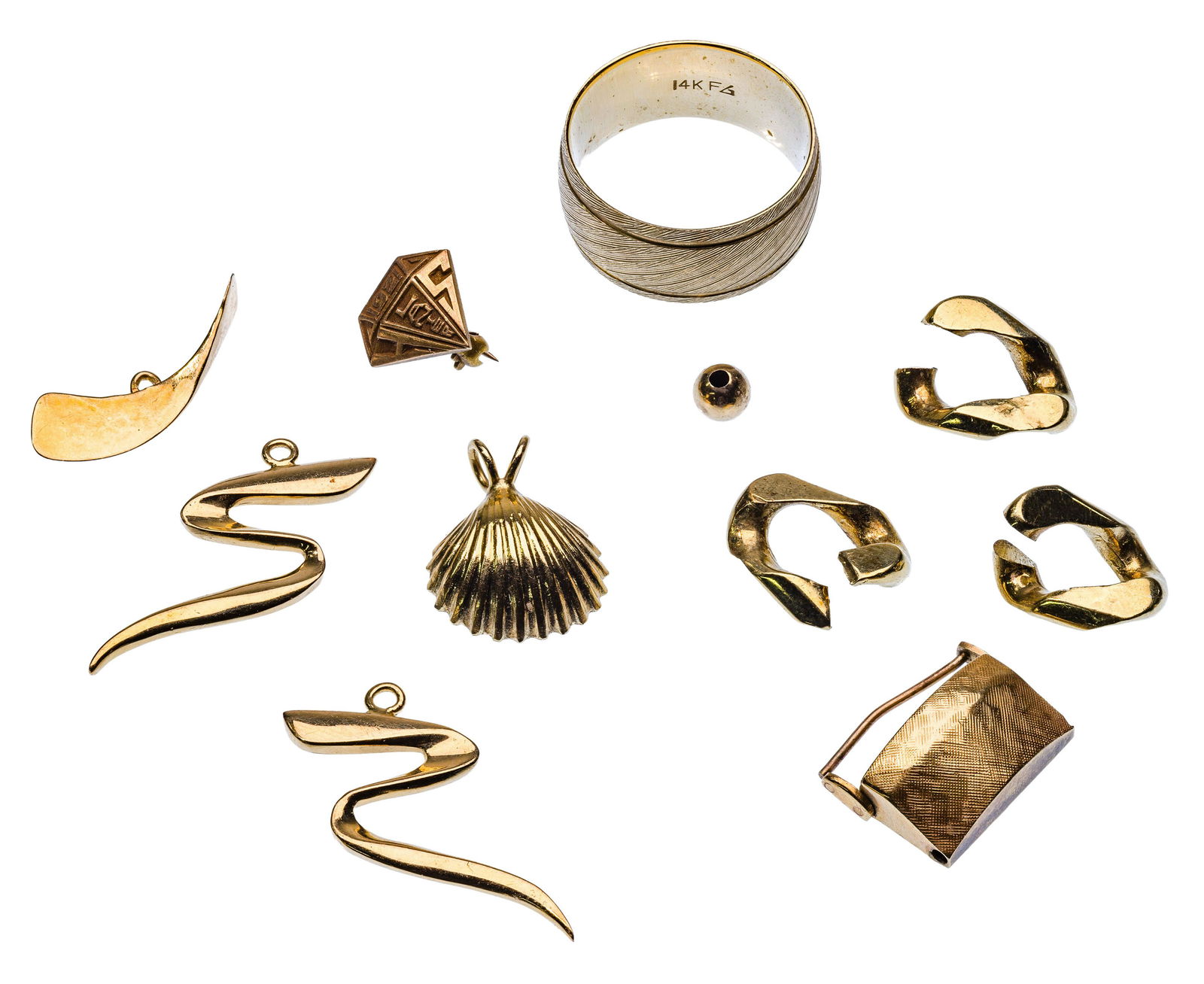 14k Yellow Gold Jewelry and Scrap Assortment: 14k Yellow Gold Jewelry and Scrap Assortment (11) items including a marked '14k' 10mm wide brushed gold band; (3) charms, a shell-shaped pendant, a 1921 Lanier HS pin, (3) links, a bead and a clasp pa