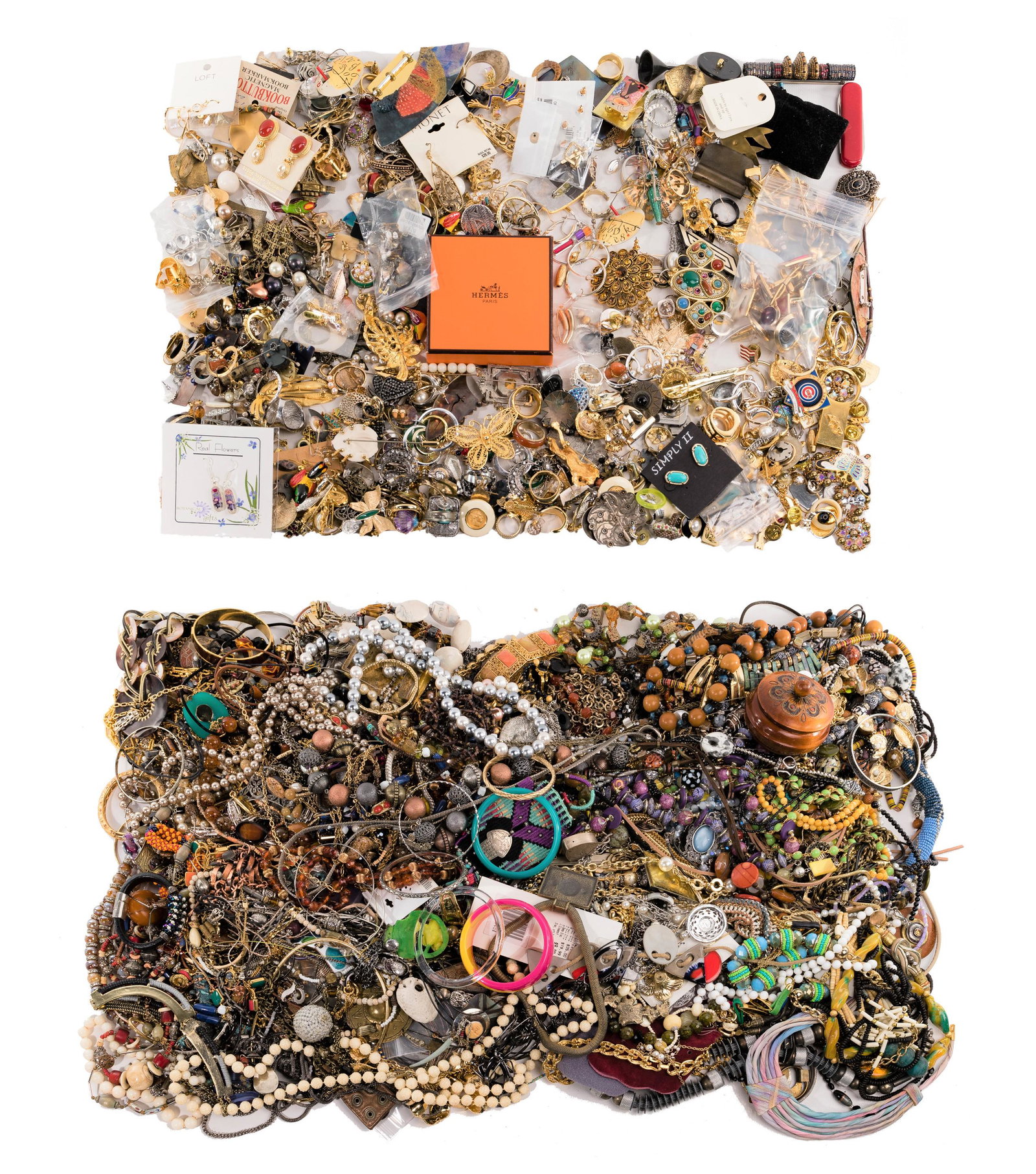 Costume Jewelry Assortment: Costume Jewelry Assortment Approximately (34) pounds including an Hermes bangle bracelet in original box, necklaces, pendants, bracelets, rings and earrings; some artist signed Property from: a Deerfi
