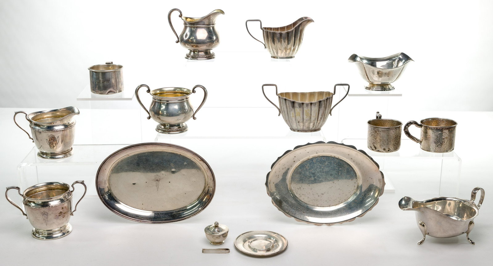Sterling Silver Hollowware Assortment: Sterling Silver Hollowware Assortment (10) items including International Silver #C147 'Prelude' cream and sugar set, International Silver #C40 cream and sugar set, International Silver #733 tray, E Vi