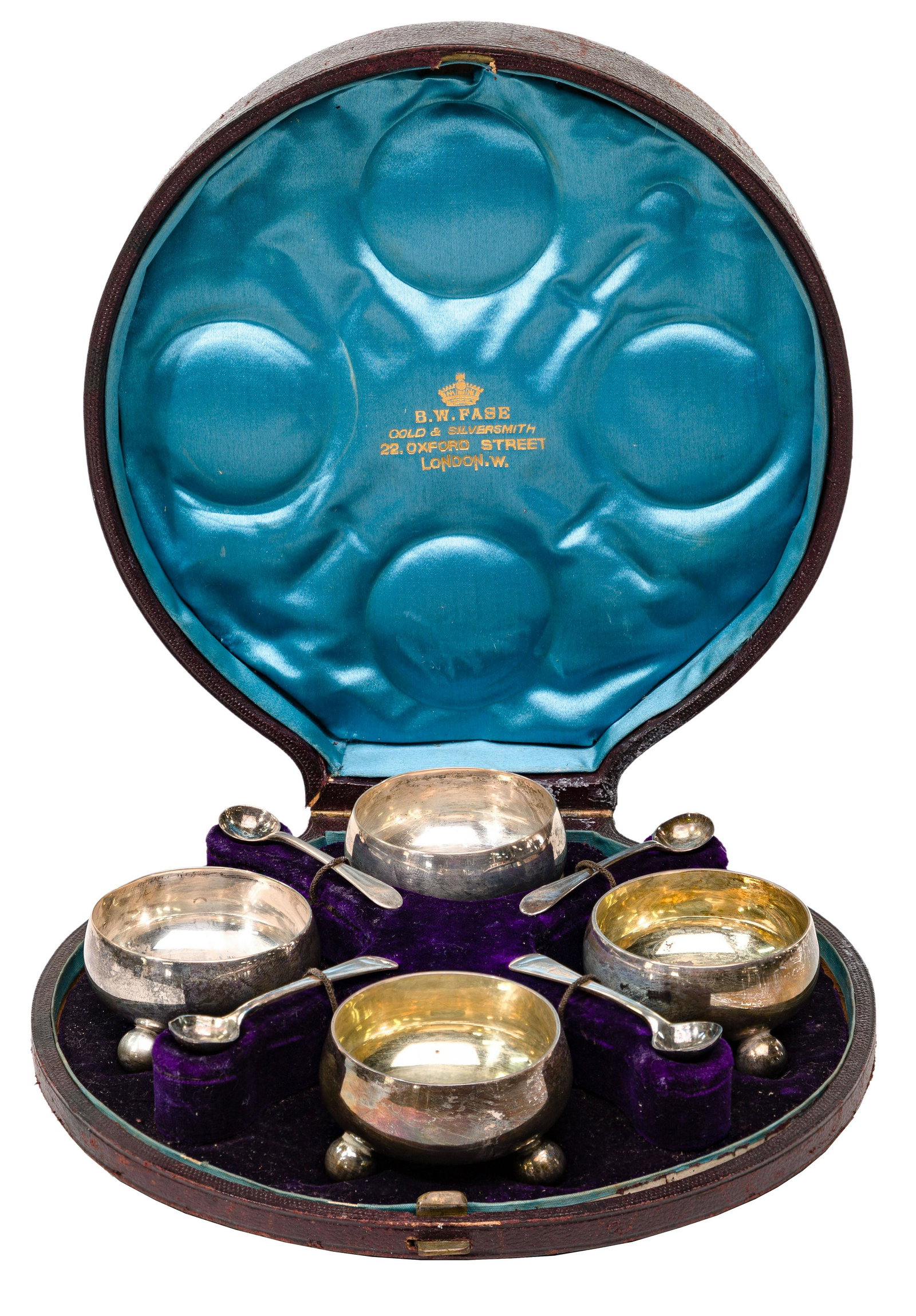 Martin, Hall & Co Sterling Silver Salt Cellars: Martin, Hall & Co Sterling Silver Salt Cellars Set of (4) salt cellars and spoons; all marked (crown) for Sheffield, England, 'L' inside box for 1878 (one cellar marked 'K'), lion passant for sterling
