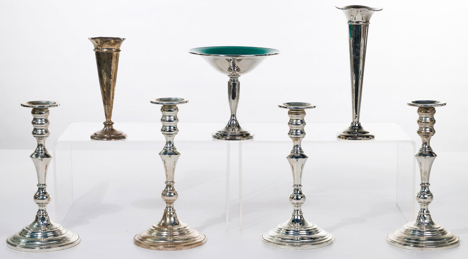 Sterling Silver Hollowware Assortment: Sterling Silver Hollowware Assortment (7) weighted items including (4) Black, Starr & Frost Gorham candle sticks having candle insert bobeches; (2) vases; and a Towle compote having a pale green inter