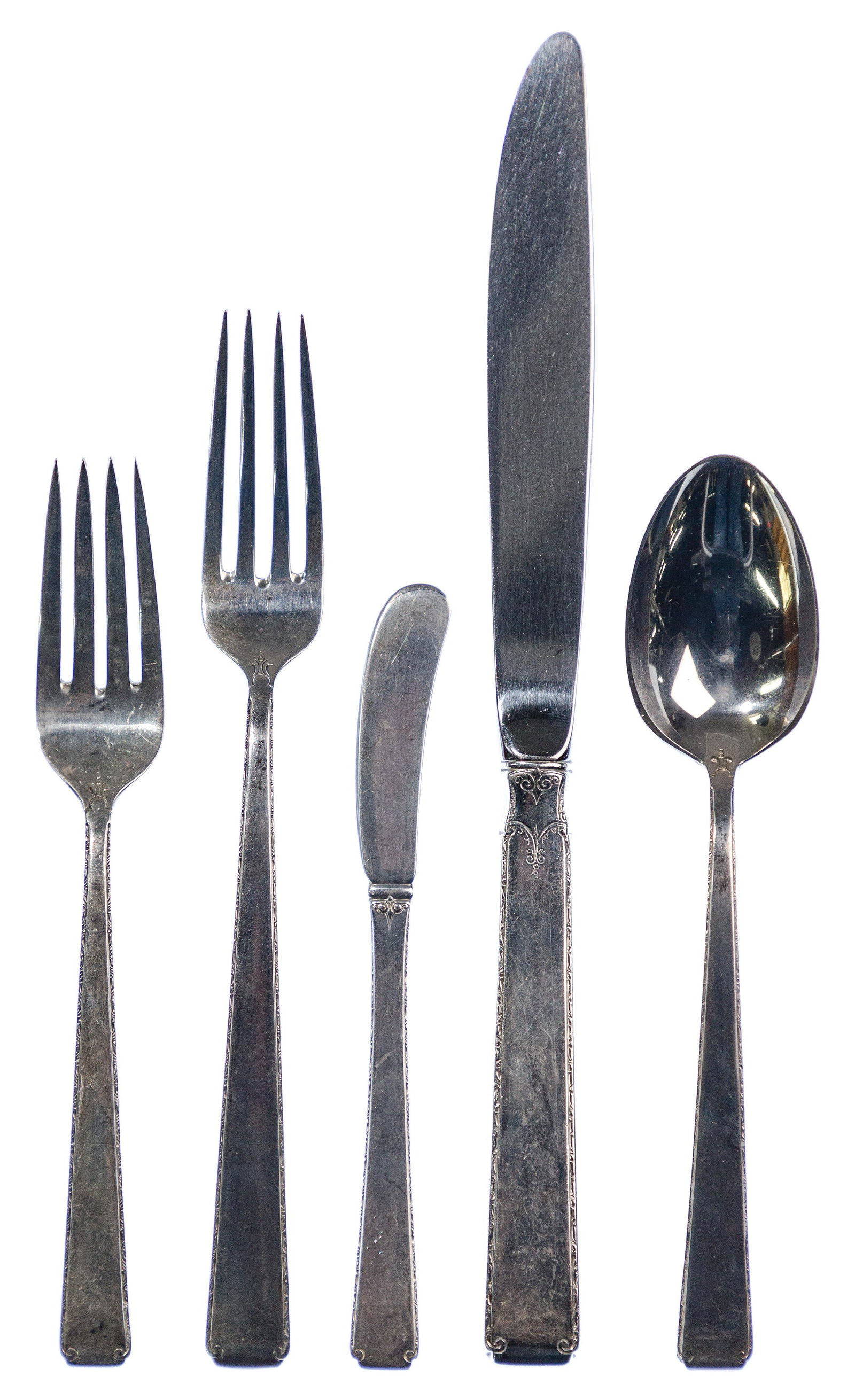 Towle 'Old Lace' Sterling Silver Flatware Service: Towle 'Old Lace' Sterling Silver Flatware Service Including (12) knives, (12) individual butter knives, (12) 7 5/8-inch forks, (11) 6 3/4-inch salad forks and (12) 6 7/8-inch oval soup spoons; all mar