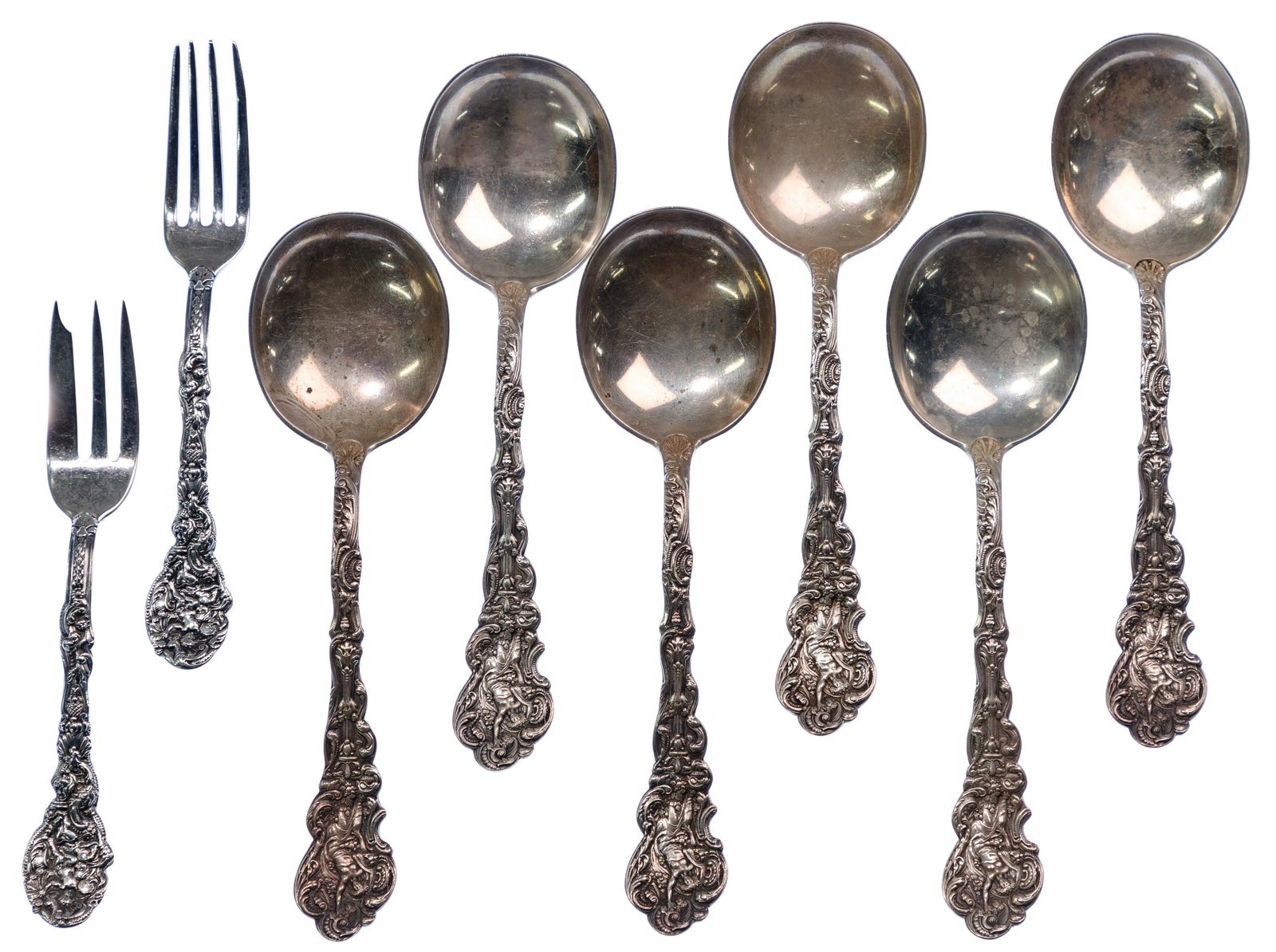Gorham 'Versailles' Sterling Silver Flatware Assortment: Gorham 'Versailles' Sterling Silver Flatware Assortment Including (6) 6 7/8-inch round gumbo soup spoons, a 6-inch youth fork and a 6-inch pie fork; all marked 'sterling' and 'lion-anchor-G' Property 