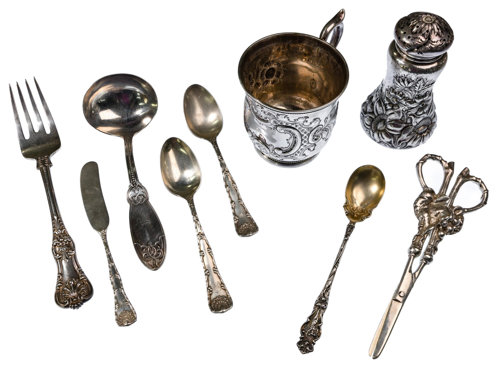 Tiffany & Co. Sterling Silver Flatware Assortment: Tiffany & Co. Sterling Silver Flatware Assortment (5) items including 'English King' serving fork; 'Wave Edge' (2) teaspoons and an individual butter knife; and 'Saratoga' solid ladle; together with s