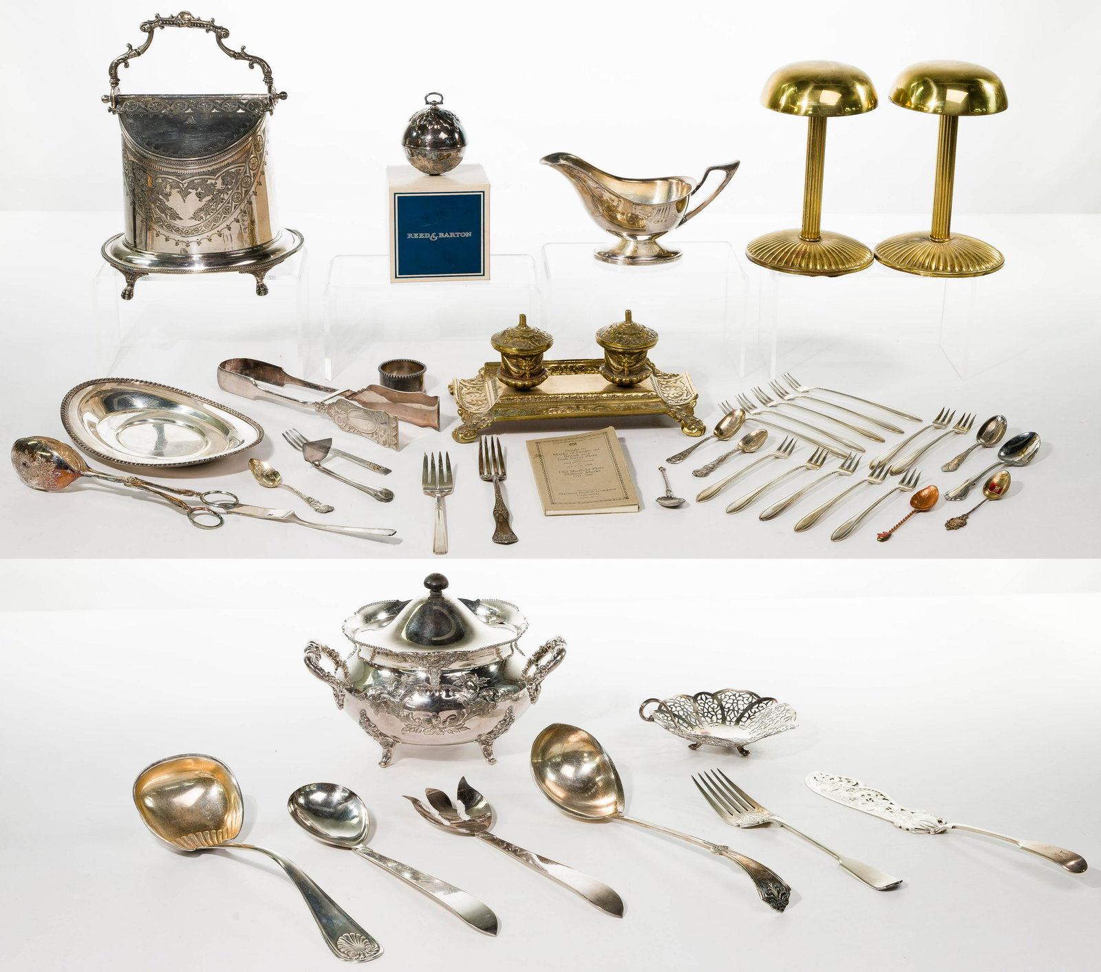 Silverplate Hollowware and Utensil Assortment: Silverplate Hollowware and Utensil Assortment Approximately (40) items including examples of serving vessels, utensils, cocktail forks and collectible spoons by various makers including Andover, Homan