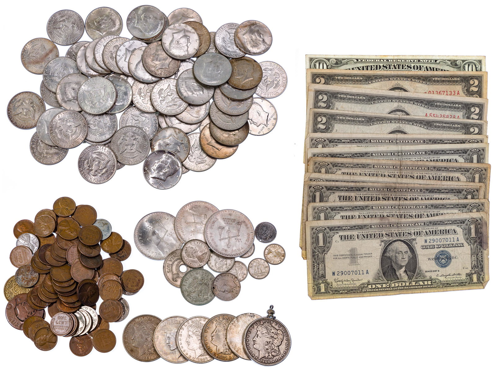 US: Coin and Currency Assortment: US: Coin and Currency Assortment $6.00 face value US 90% silver including $1 from 1897, 1900-O (in bail), 1921, 1921-S, undated (worn) and 1922; $32.00 face value US 40% silver including (64) Kennedy 