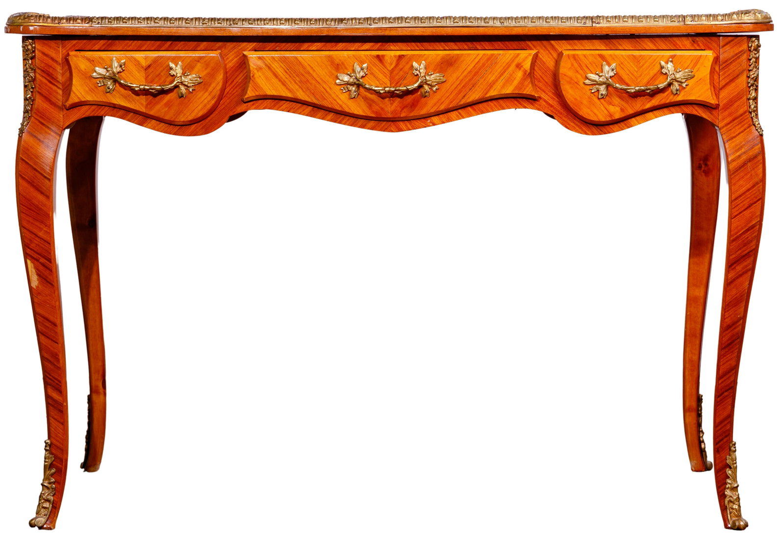 Spanish Veneer and Ormolu Desk: Spanish Veneer and Ormolu Desk Having a black leather top embossed with gold decoration over (3) drawers and (3) dummy drawer fronts; stamped 'Made in Spain' on underside Property from: a Westmont, Il
