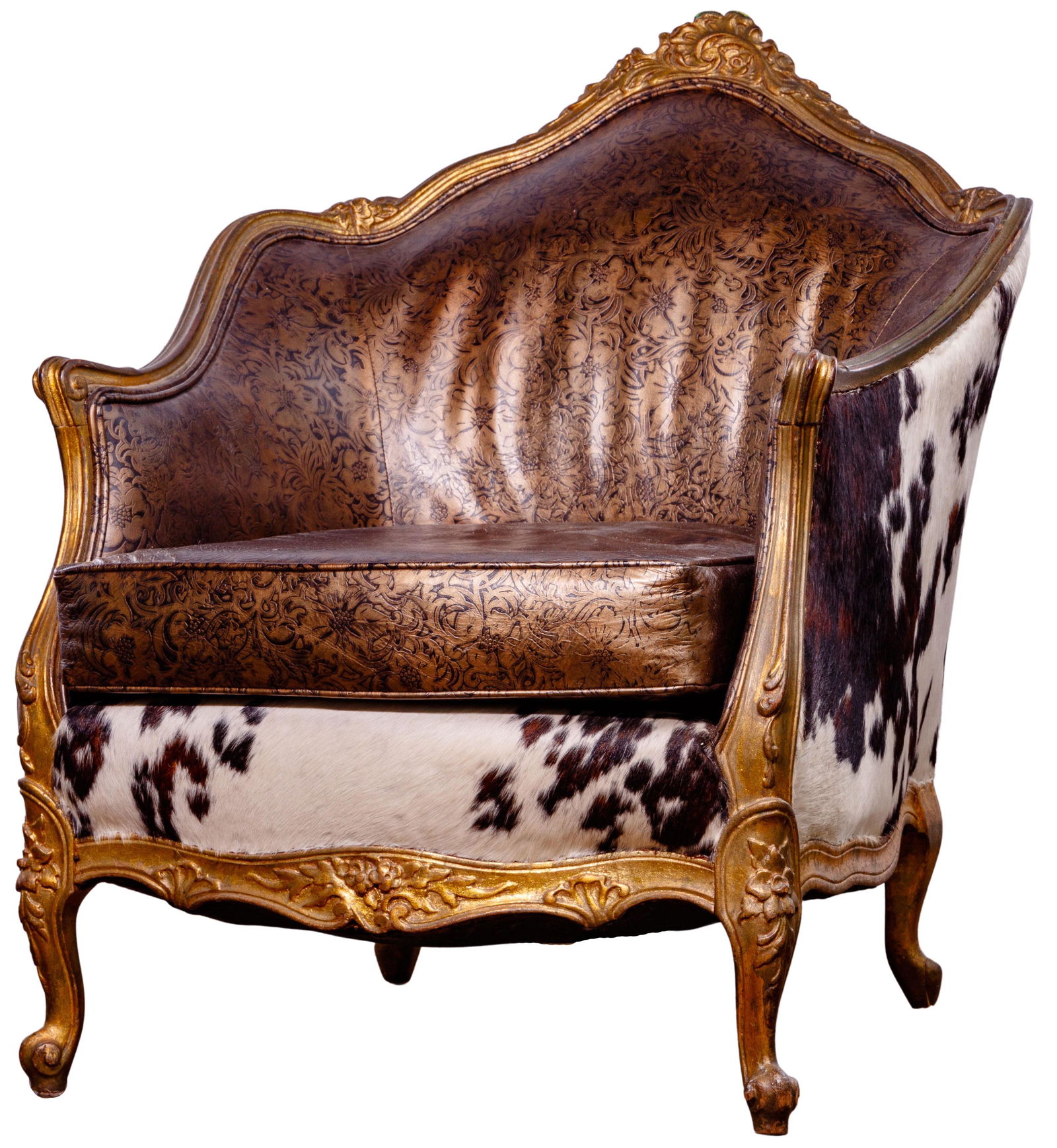 Victorian Style Cowhide and Leather Gilt Armchair (1 of 6)