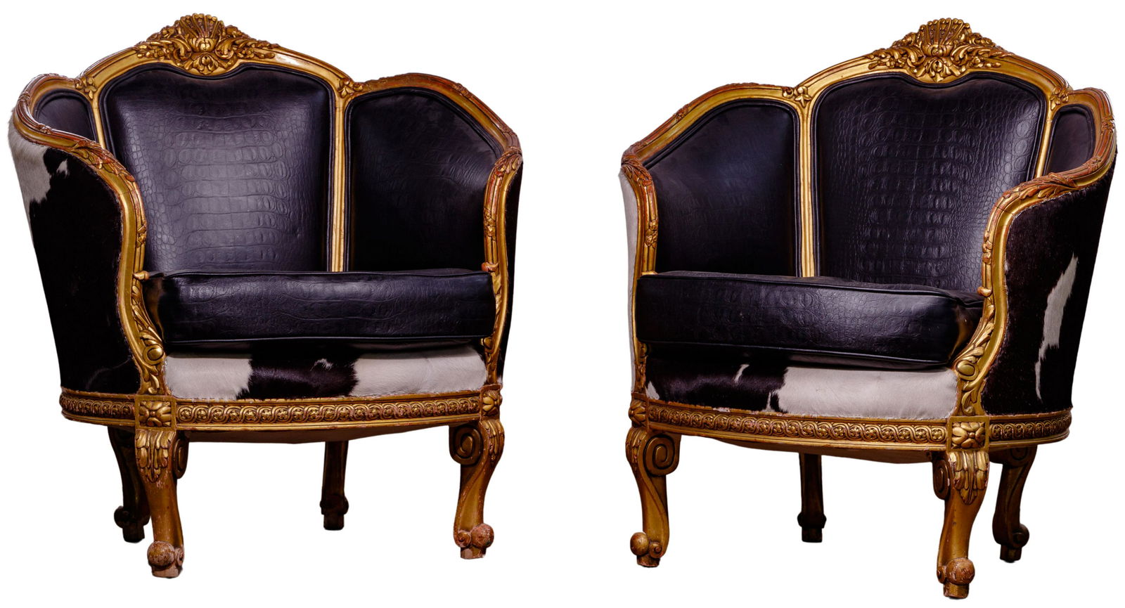 Victorian Style Cowhide and Leather Gilt Barrel Chairs (1 of 6)