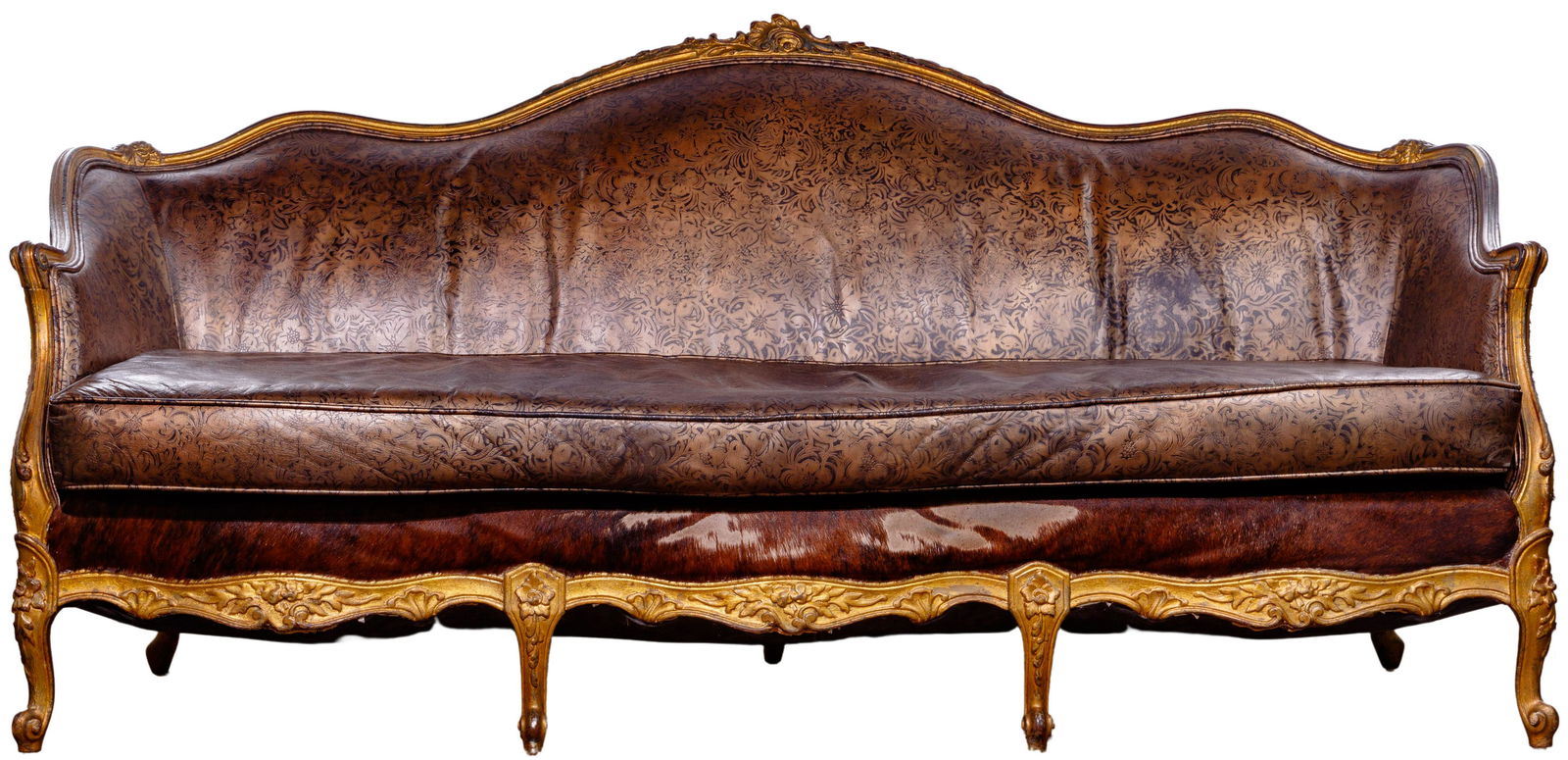 Victorian Style Cowhide and Leather Gilt Sofa (1 of 8)