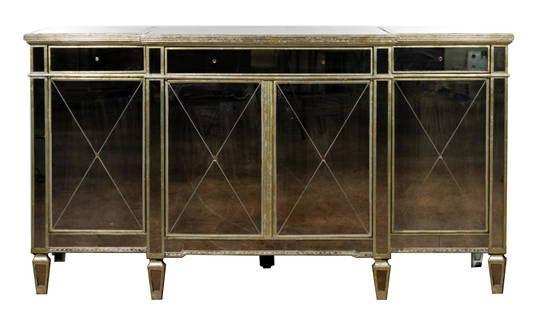 Zhong Shun Wood Art Co. Hollywood Regency Style: Zhong Shun Wood Art Co. Hollywood Regency Style Mirrored Sideboard Having a gilt wood frame and overall foxed mirror facing with top having beveled edges; including a center drawer over (2) cabinet do