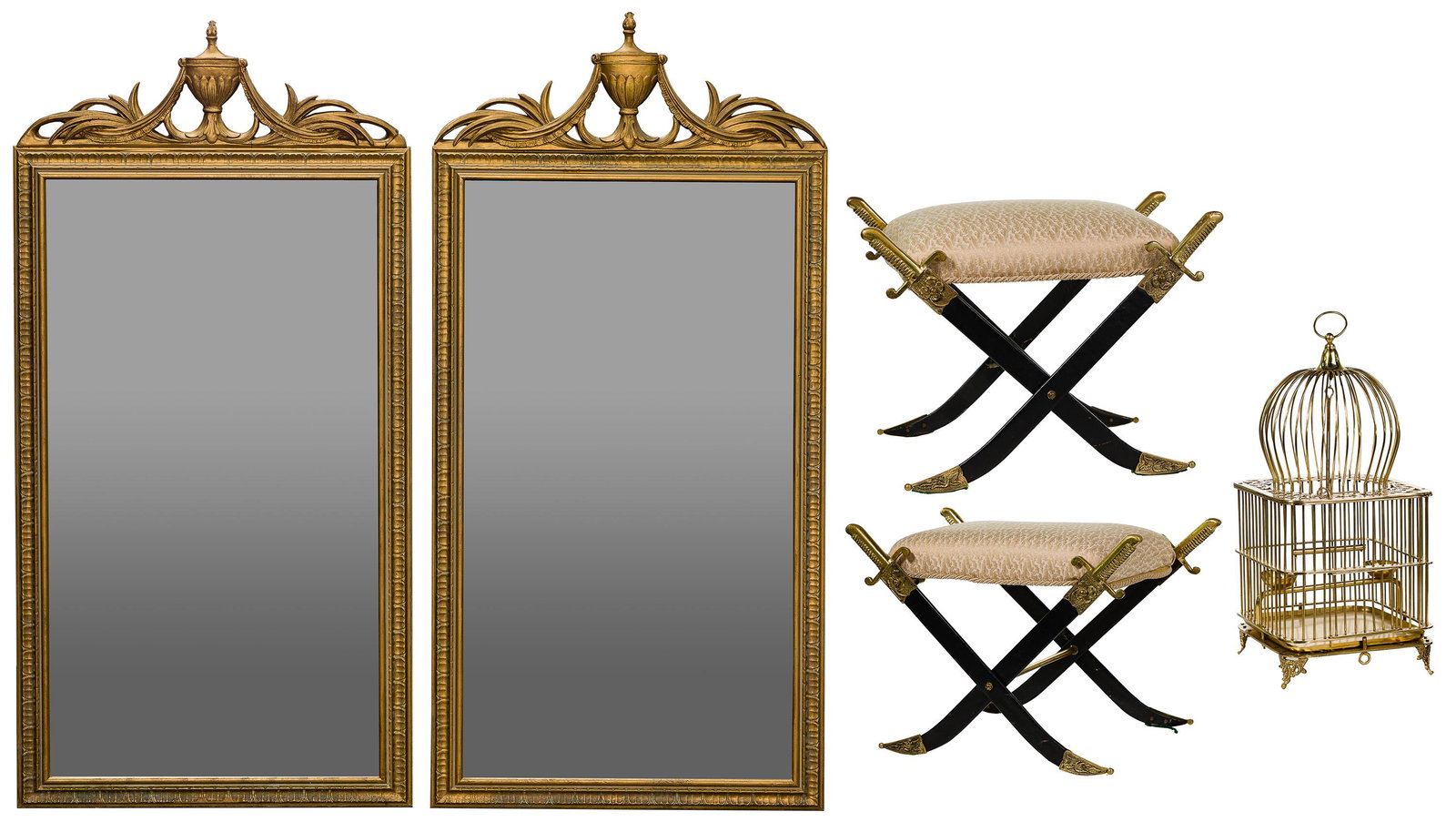 Sabre-Form Footstools, Birdcage and Mirrors: Sabre-Form Footstools, Birdcage and Mirrors (5) items including (2) X-base stools depicting crossed sabres with brass accents and tan brocade-style upholstery (16-inches tall by 21-inches wide by 14-i