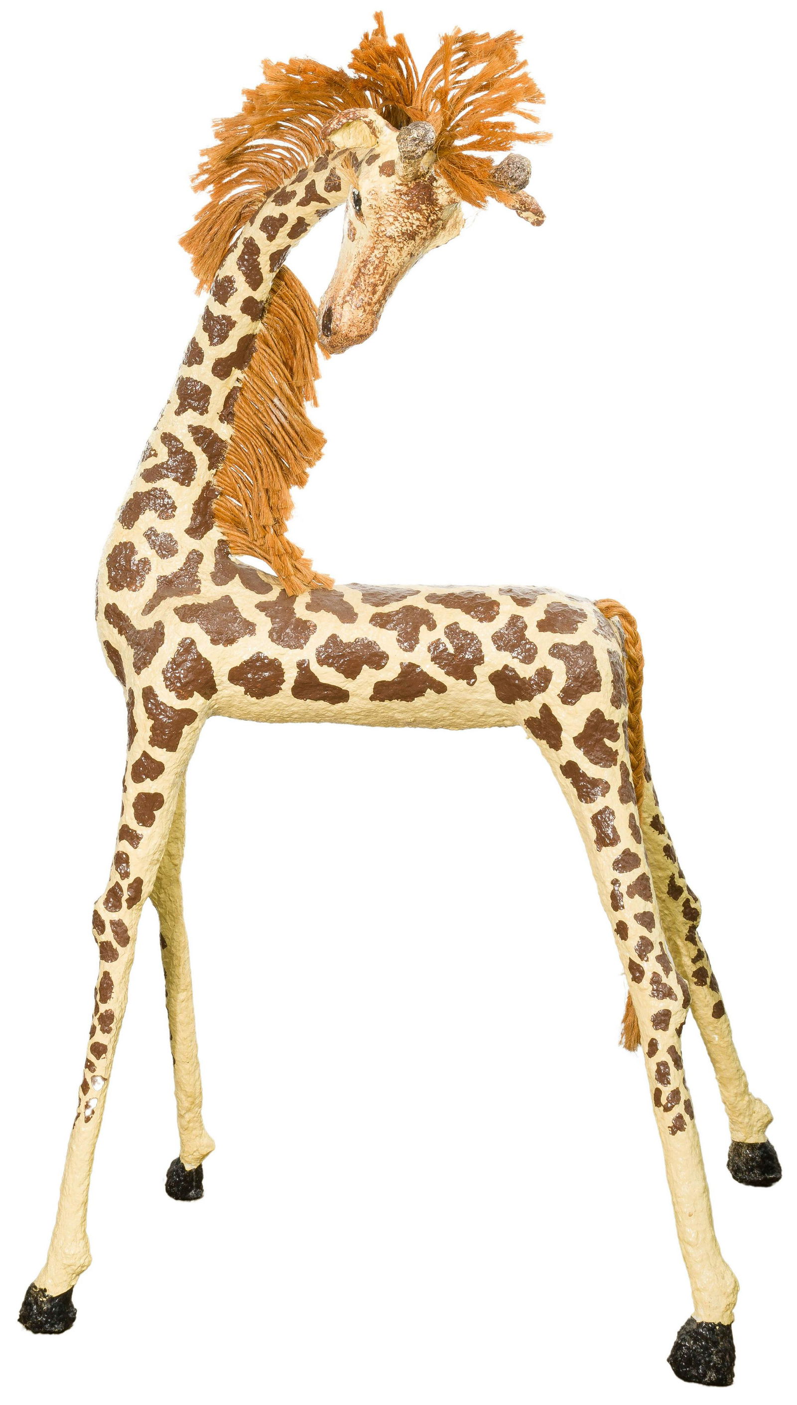 Giraffe Papier Mache Sculpture: Giraffe Papier Mache Sculpture Painted papier mache over an unknown armature, having jute fiber mane and braided jute tail Height: 49 inches, Length: 28 inches, Width: 26 inches Condition: Very Good,