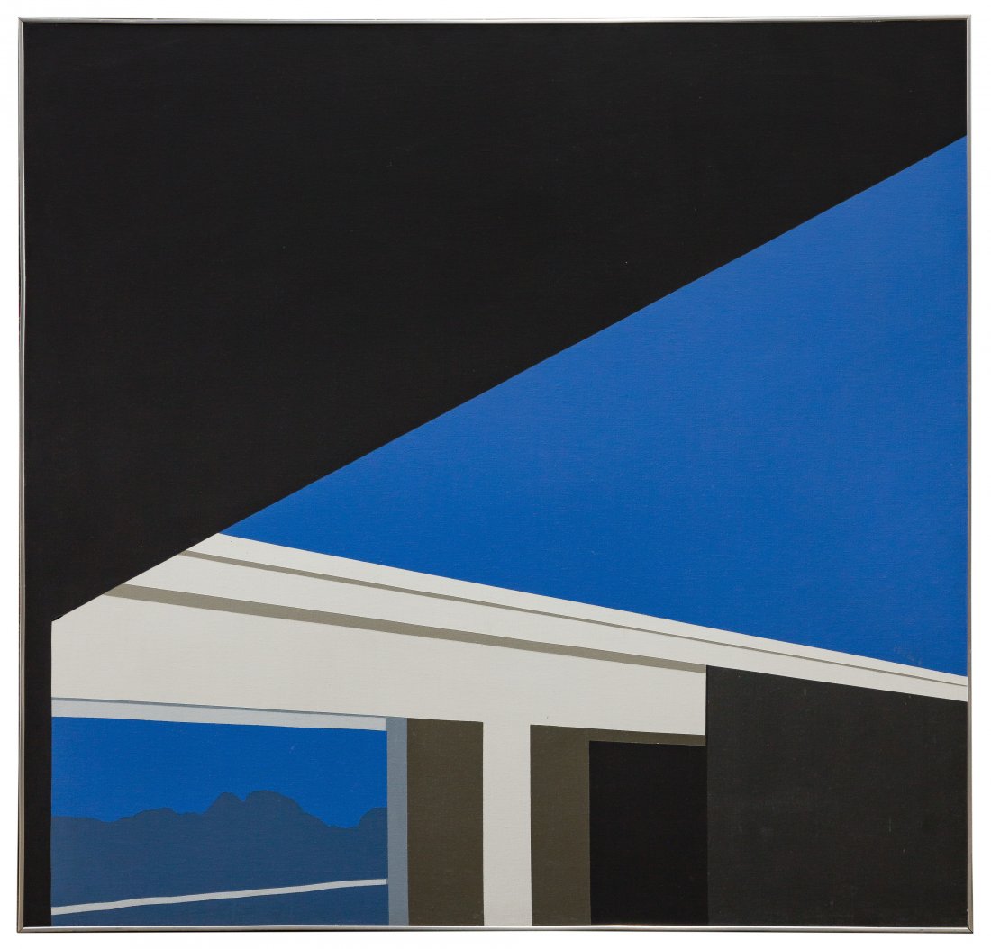 Dot Booth (American, 20th Century) Oil on Canvas: Dot Booth (American, 20th Century) Oil on Canvas Undated, signed en verso, depicting the hard-edged geometric realism of a view from a window; in a chrome frame Height: 48 1/4 inches, Width: 50 1/4 in