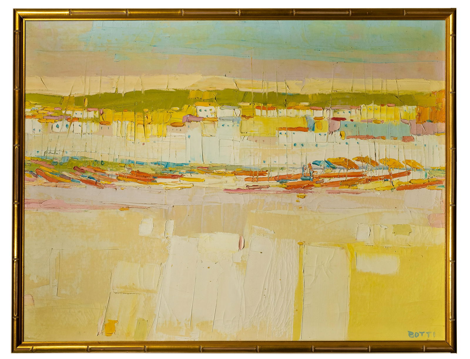 George Italo Botti (American, 1923-2003) Oil on Canvas: George Italo Botti (American, 1923-2003) Oil on Canvas Undated, signed lower right, depicting an abstracted beach landscape; in a gold tone wood frame Property from: a Chicago, Illinois estate Height: