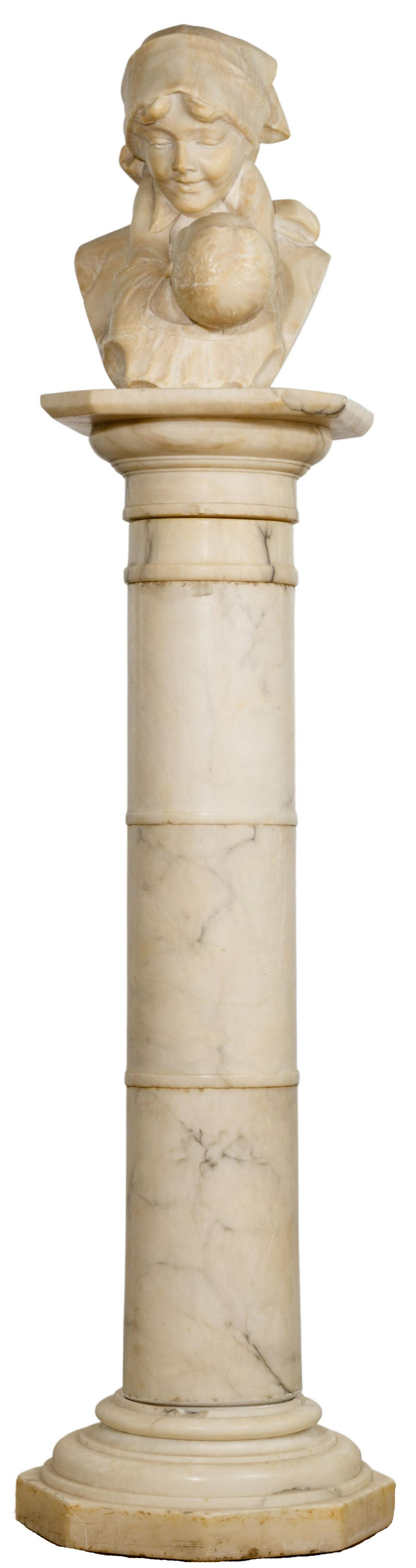 (After) Emilio Fiaschi (Italian, 1851-1941) 'Mother and: (After) Emilio Fiaschi (Italian, 1851-1941) 'Mother and Child' Statue on Pillar Undated, unsigned, carved alabaster having ivory coloring with black and grey veining depicting a mother and child Prope