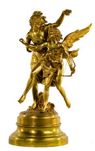 Charles Georges Ferville-Suan (French, 1847-1925): Charles Georges Ferville-Suan (French, 1847-1925) 'Cupid and Psyche' Statue Undated, cast signature on reverse of base, gilt bronze Neoclassical depiction Height: 26 inches, Width: 15 inches, Diameter