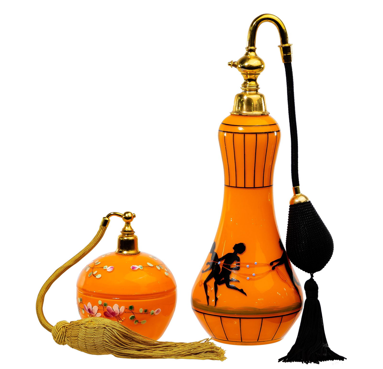 Hand-Painted Glass Perfume Atomizers: Hand-Painted Glass Perfume Atomizers (2) items including an orange Slovakian art glass bottle having (2) compartments, hand painted birds, flowers and brass fittings, marked on bottom and retaining or