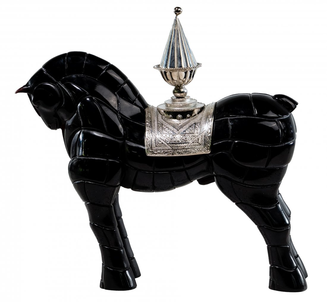 Hilton McConnico for Daum: Hilton McConnico for Daum 'Porteur de Feu' Figurine Fire horse in black glass having a silvered metal saddle and domed holder; etched signed 'Daum France, 037/375, HMC' on outside of back right hoof H