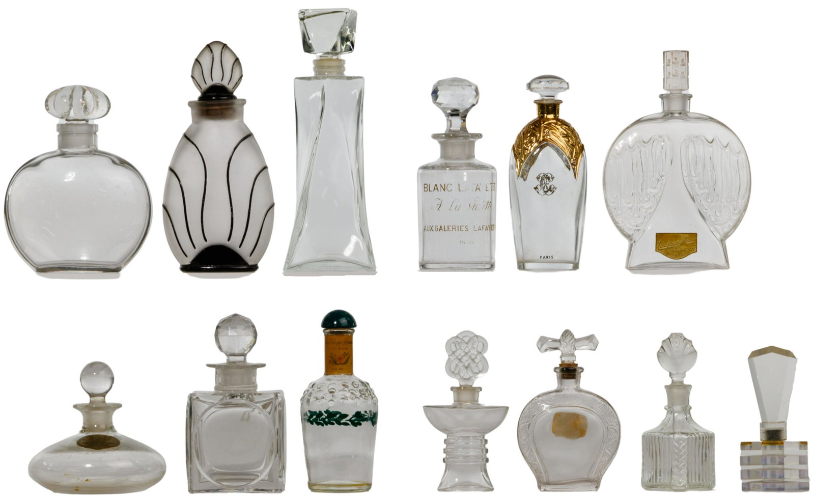 Perfume Bottle Assortment: Perfume Bottle Assortment (13) items including (7) bottles from Elizabeth Arden, 'Toujours Moi' by Corday, Houbigant, 'Blanc Lafayette' by Aux Galleries and 'Friendships Garden' by Shulton; and (6) pe