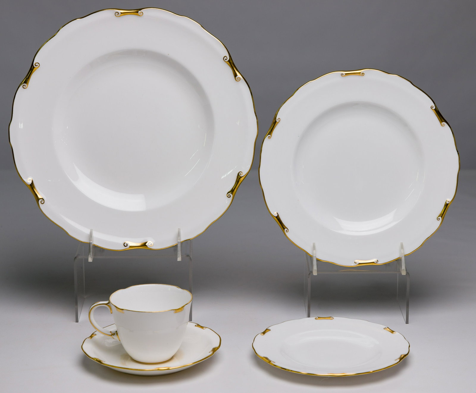 Royal Crown Derby 'Regency' Bone China Service: Royal Crown Derby 'Regency' Bone China Service (57) pieces including (9) dinner plates, (12) salad plates, (12) bread and butter plates, (12) cups, and (12) saucers Diameter: 10 1/8 inches (dinner pla