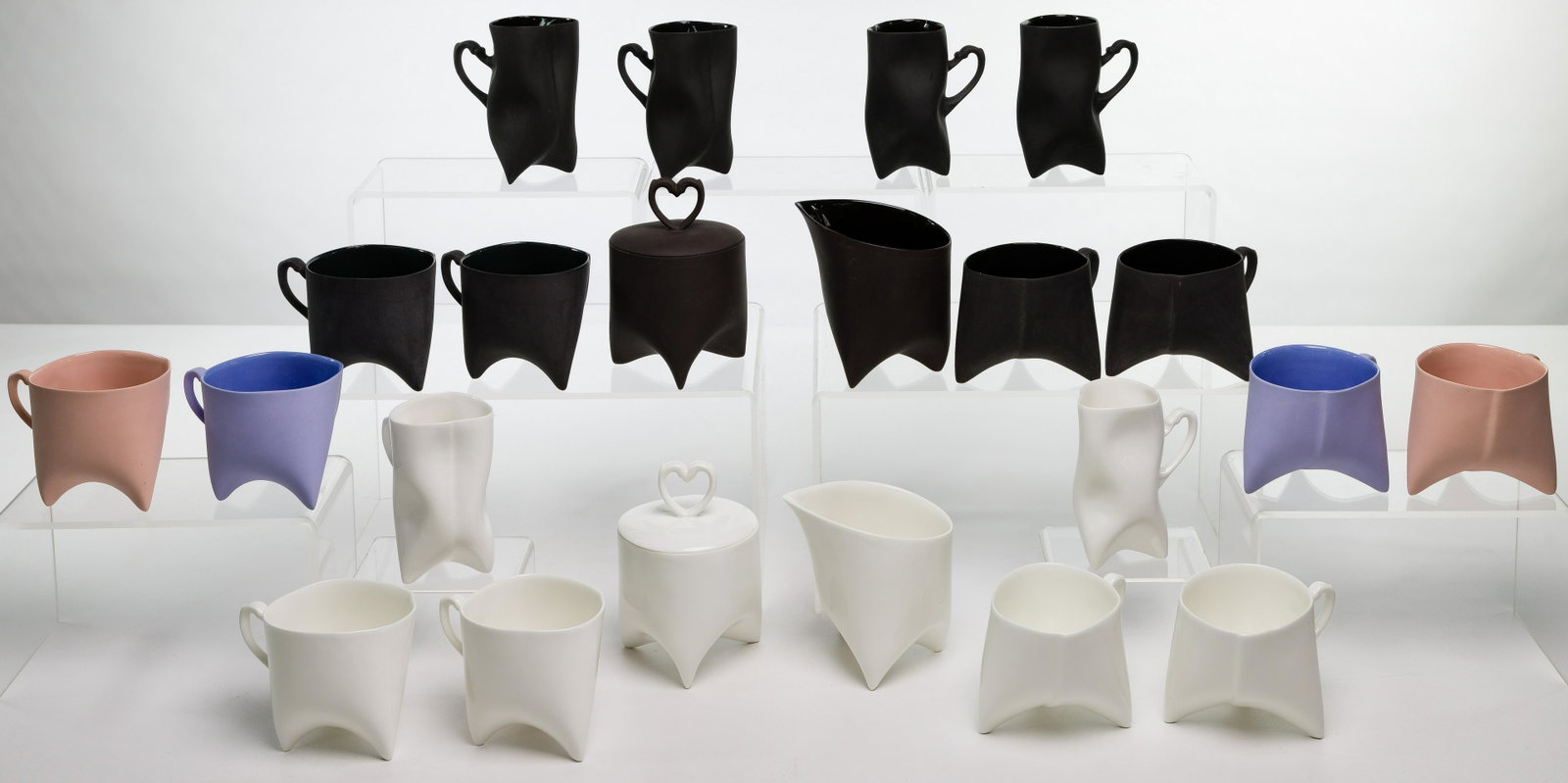 EndeCeramics Polish Bisque Porcelain Assortment: EndeCeramics Polish Bisque Porcelain Assortment (22) items from ceramic designer Natalia Gruszecka including a coffee set in black bisque comprised of a creamer, lidded sugar, (4) coffee cups and (4) 