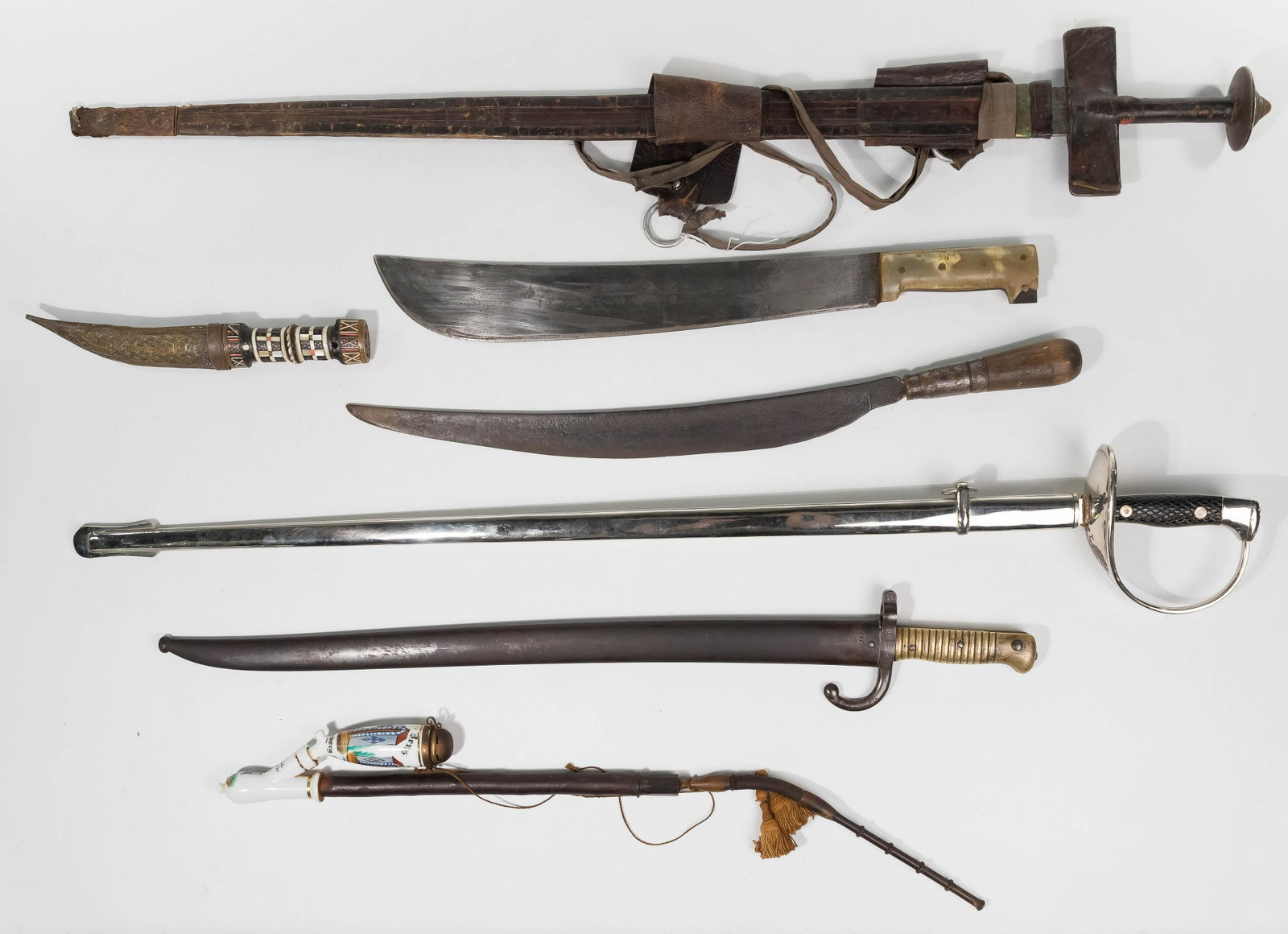 Sword, Bayonet and Knife Assortment: Sword, Bayonet and Knife Assortment (7) items including a Spanish army sable manufactured in Toledo (Spain), leaf and sheath made of stainless steel and brass hilt; M1866 French Chassepot bayonet insc