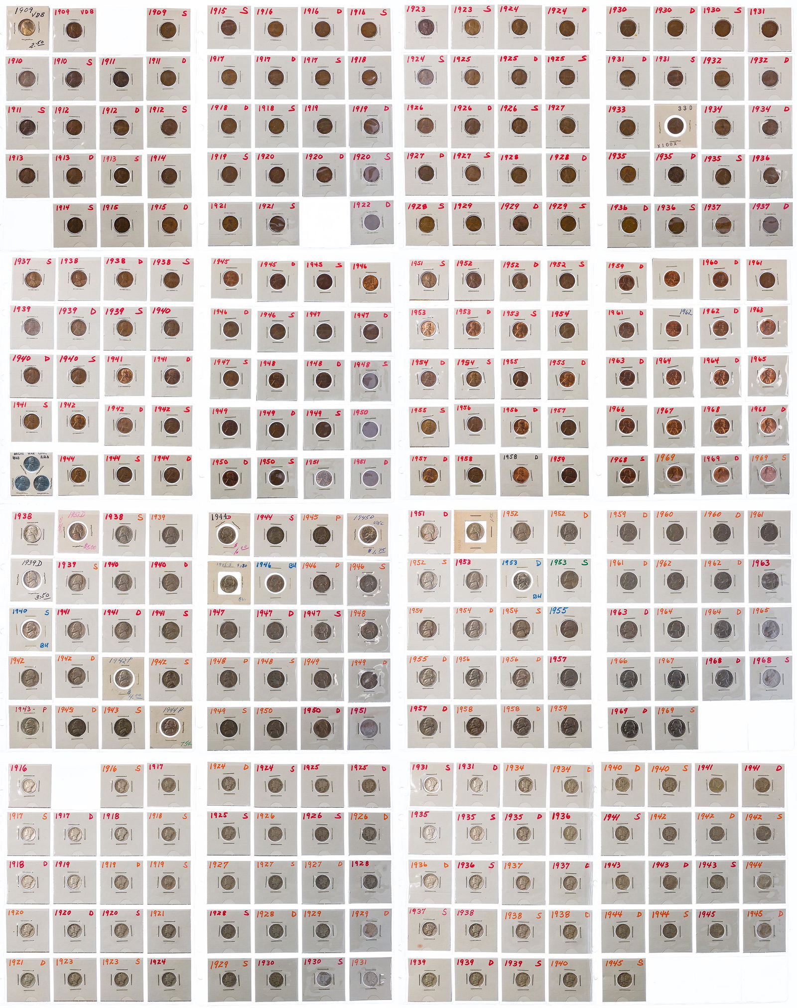 Lincoln 1c, Jefferson 5c and Mercury 10c Partial Sets (1 of 9)