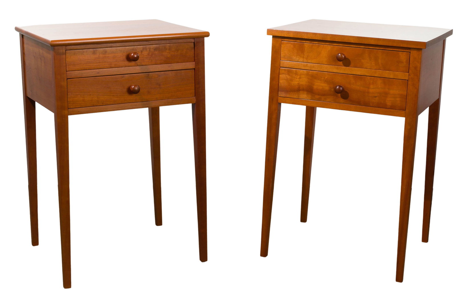 (Attributed to) Ian Ingersoll Cherry Wood Nightstands: (Attributed to) Ian Ingersoll Cherry Wood Nightstands (2) nightstands each having a square top over (2) drawers and raised on four tapered legs; one having rounded top edges and the other flat edges P