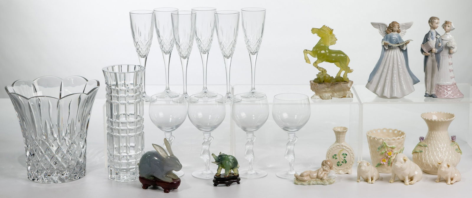 Decorative Object Assortment: Decorative Object Assortment (24) items including a lavender jade rabbit on wooden stand; a horse and an elephant of quartz; Lladro #5831 Angel tree topper retired 1991; Lladro #4808 'Wedding Couple'