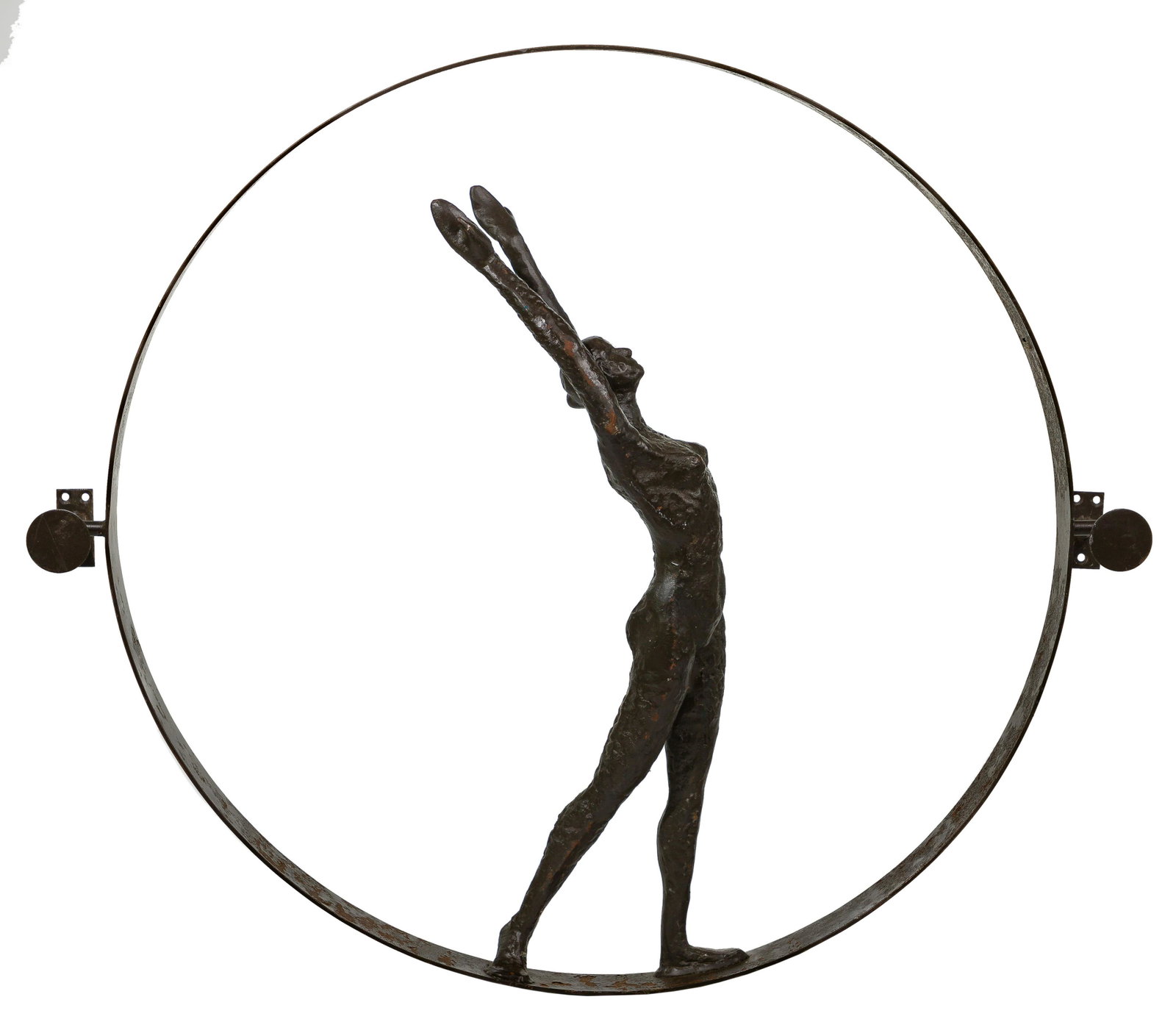 Modernist Wrought Iron Female Wall Hanging: Modernist Wrought Iron Female Wall Hanging 20th century, unmarked, depicting a nude female with her hands up within a circle; wall bracket on each side Height: 29 1/4 inches, Width: 34 1/2 inches, Dep