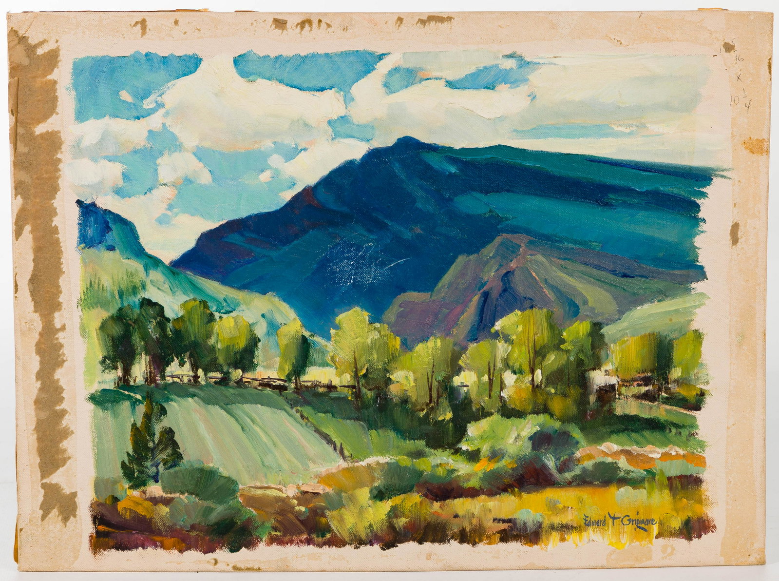 Edward T. Grigware (American, 1889-1960) 'Along the: Edward T. Grigware (American, 1889-1960) 'Along the Cody Canal' Oil on Canvas Board Undated, signed lower right, depicting a blue mountain scene, billowing clouds, greenery and a road in the foregroun