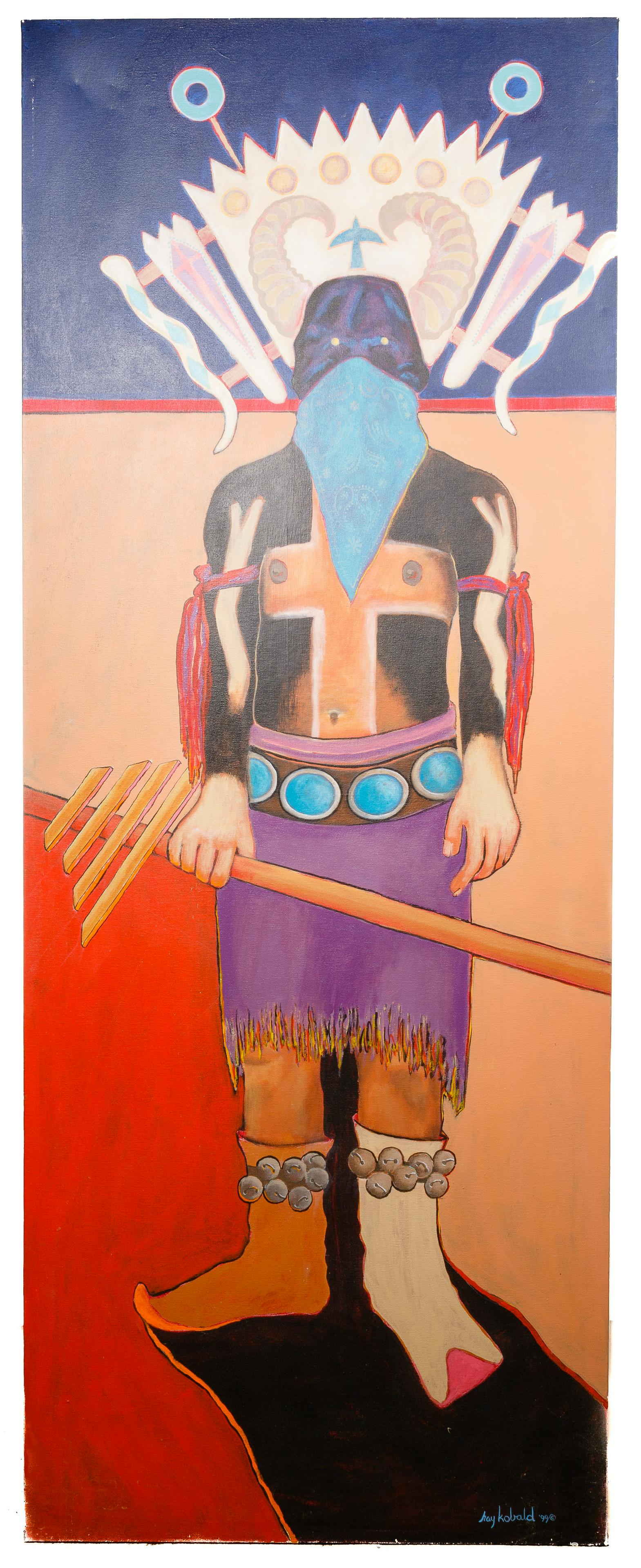 Ray Kobald (Mexican / American, b.1931) 'Apache': Ray Kobald (Mexican / American, b.1931) 'Apache' Acrylic on Canvas 1999, signed lower right, depicting a Native American Indian having a horned headdress, body painted and belled boots; not framed, ti