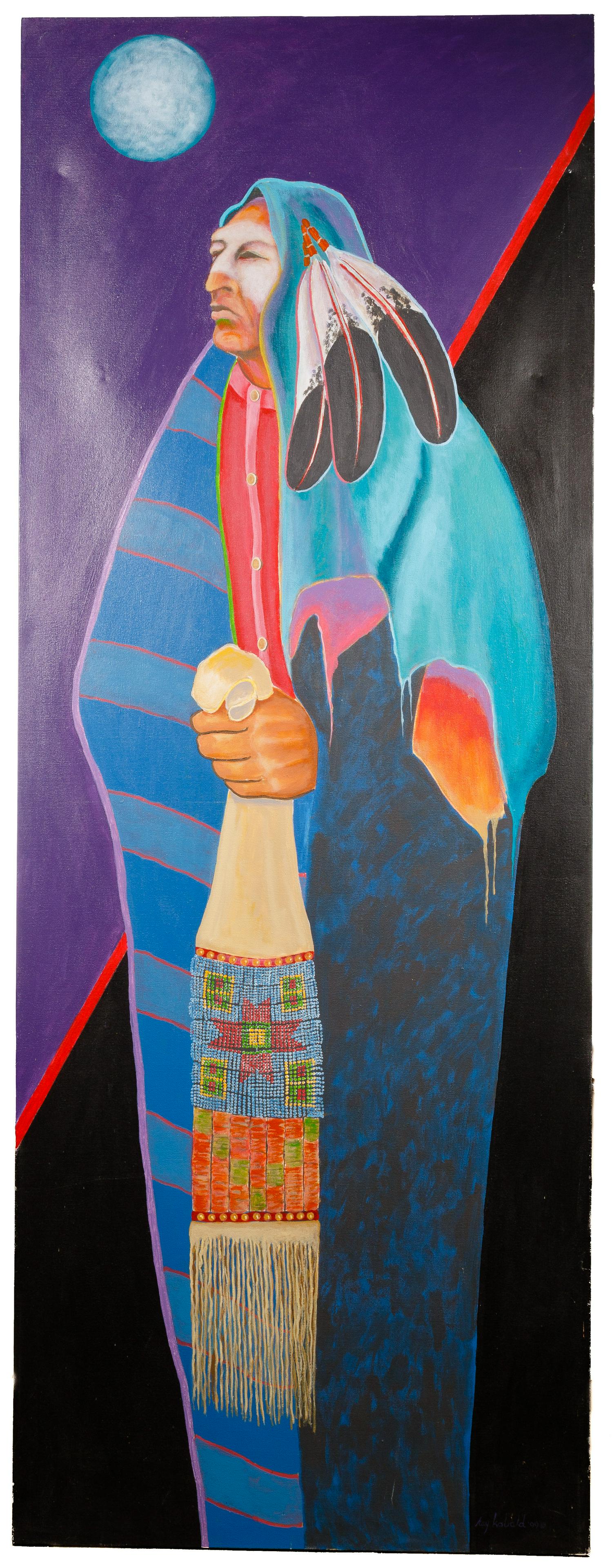 Ray Kobald (Mexican / American, b.1931) 'Viewing the: Ray Kobald (Mexican / American, b.1931) 'Viewing the Night' Acrylic on Canvas 2009, signed lower right, depicting a Native American Indian holding a beaded bag with the moon over his left shoulder; no