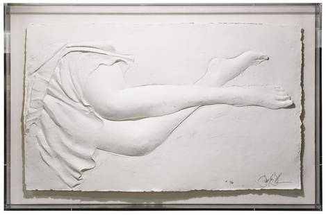 Frank Gallo (American, b.1933) Cast Paper: Frank Gallo (American, b.1933) Cast Paper Undated, signed lower right; edition 'SII' and #13/200; depicting a 3-dimensional reclined lower torso, legs and feet; in an acrylic shadow box frame; includi