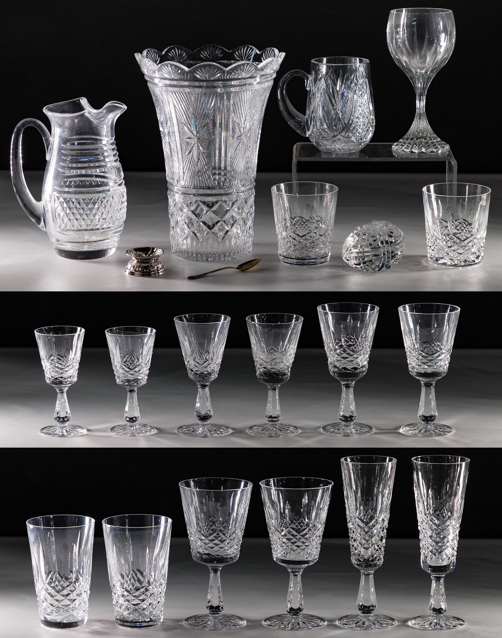 Waterford Crystal 'Kenmare' Assortment: Waterford Crystal 'Kenmare' Assortment (19) items including (2) each fluted champagne, water goblet, claret wine, white wine, port wine, old fashioned and 10-ounce flat tumbler; together with, in asso