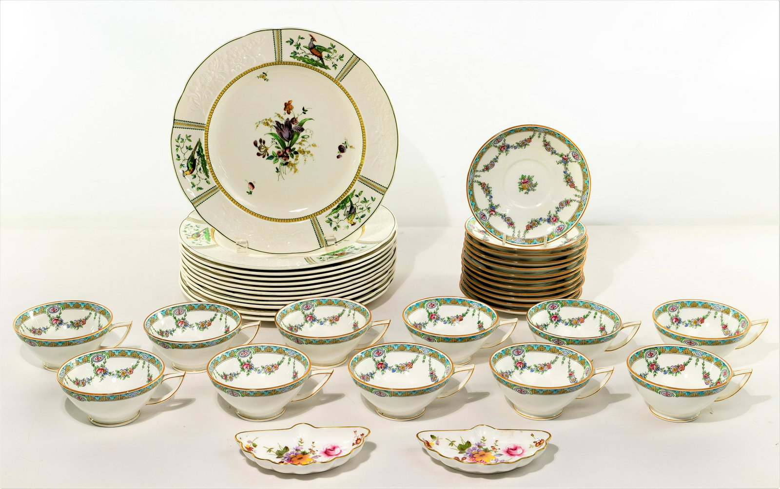 Copeland Spode 'June' and Minton China Assortment: Copeland Spode 'June' and Minton China Assortment (37) pieces including (12) Copeland dinner plates; Mintons 'Rose' (11) teacups and (12) saucers; and (2) Royal Crown 'Derby Posies' bone dishes Diamet