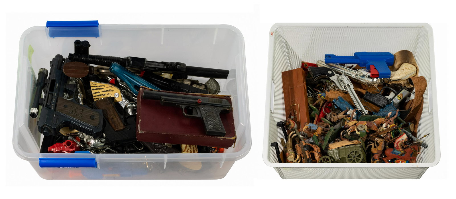Western Toy Assortment: Western Toy Assortment Approximately (30) western style cap guns including Hubley, American West, Buffalo Bill, Mattel, (3) holsters, a set of Cowboy and Indians with wagons and horses; together with 